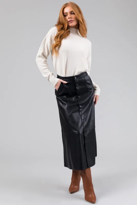 KanCan Black Button Down Faux Leather Midi Skirt sold by Lime Lush