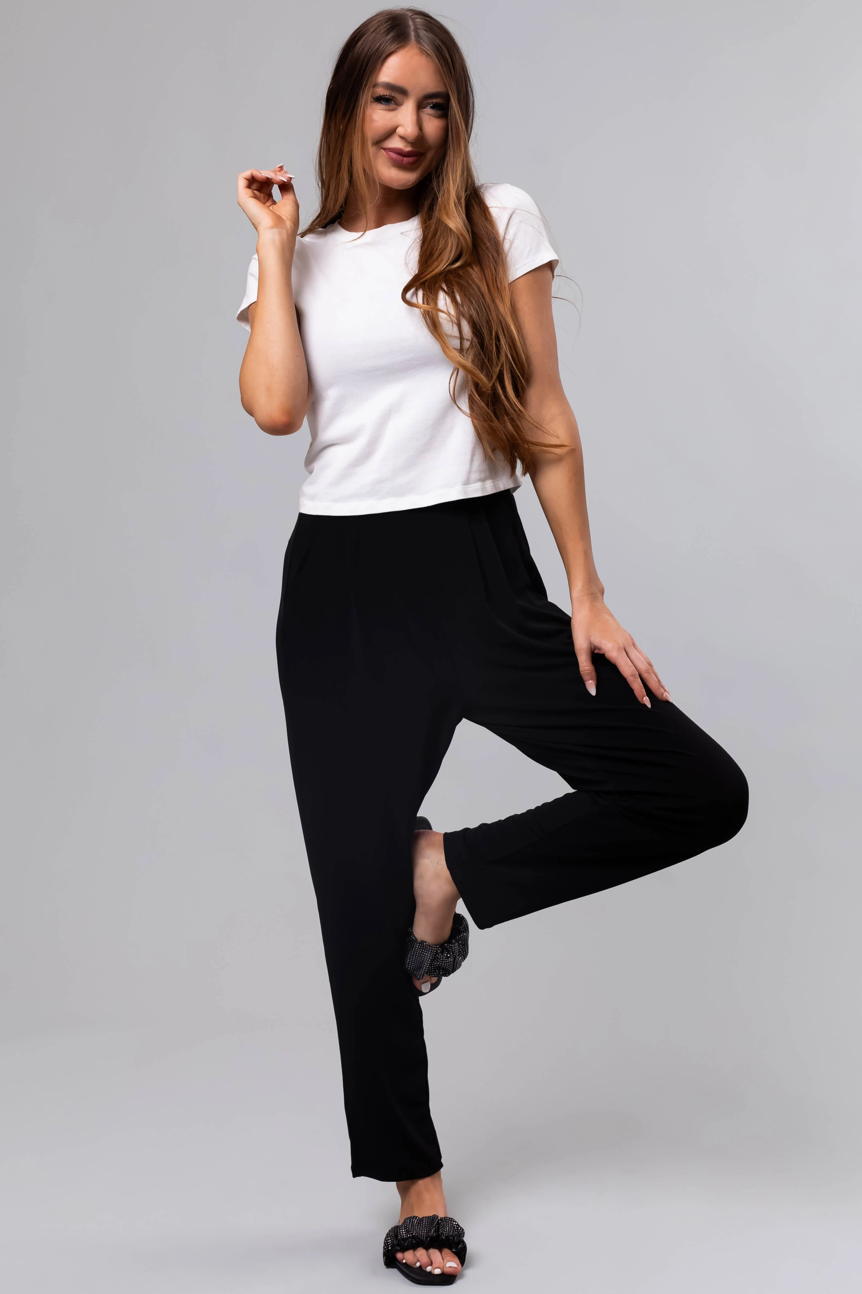 Black High Waist Pleated Straight Leg Pants sold by Lime Lush