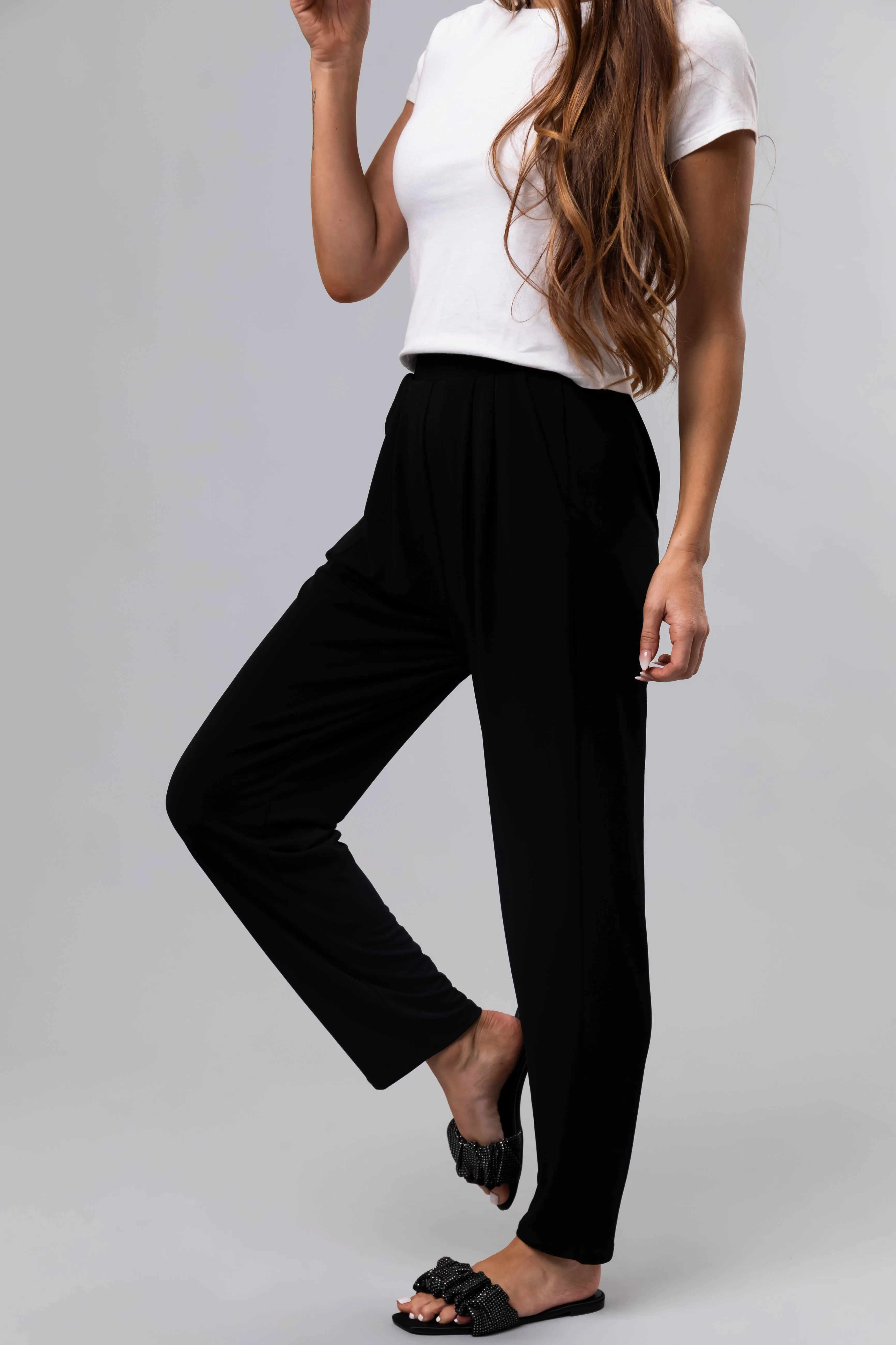 Black High Waist Pleated Straight Leg Pants sold by Lime Lush product image thumbnail 4