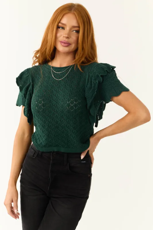 Pine Ruffle Sleeve Crochet Knit Crop Top sold by Lime Lush