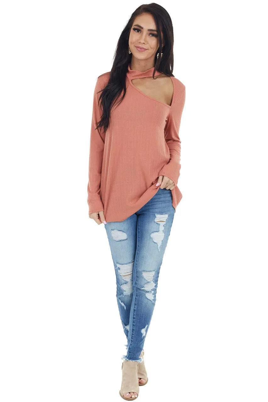 Terracotta Long Sleeve Stretchy Knit Top with Cut Out Detail sold by Lime Lush product image thumbnail 5