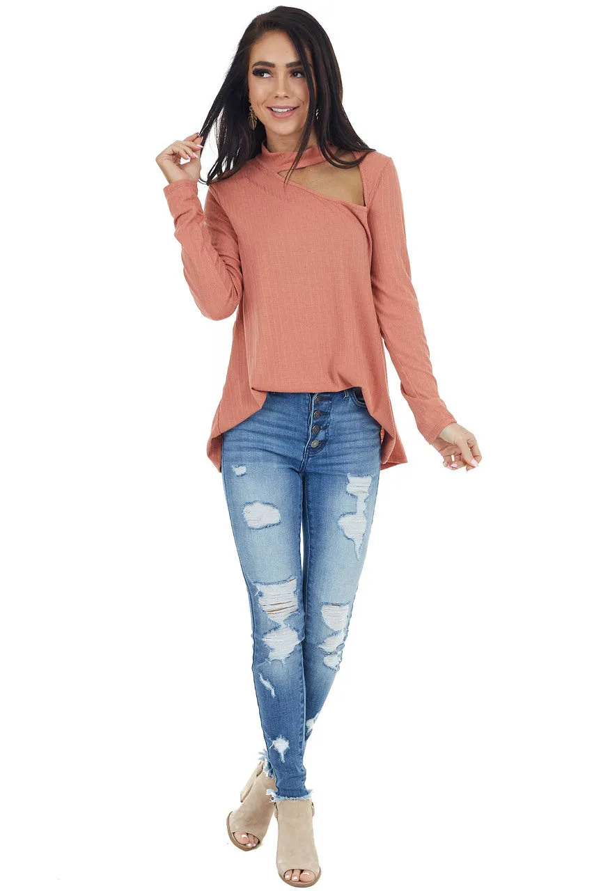Terracotta Long Sleeve Stretchy Knit Top with Cut Out Detail sold by Lime Lush product image thumbnail 2