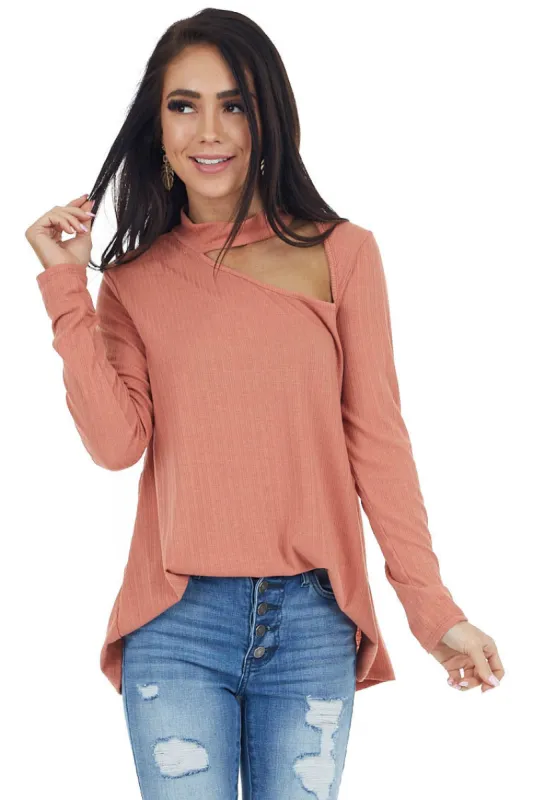 Terracotta Long Sleeve Stretchy Knit Top with Cut Out Detail sold by Lime Lush