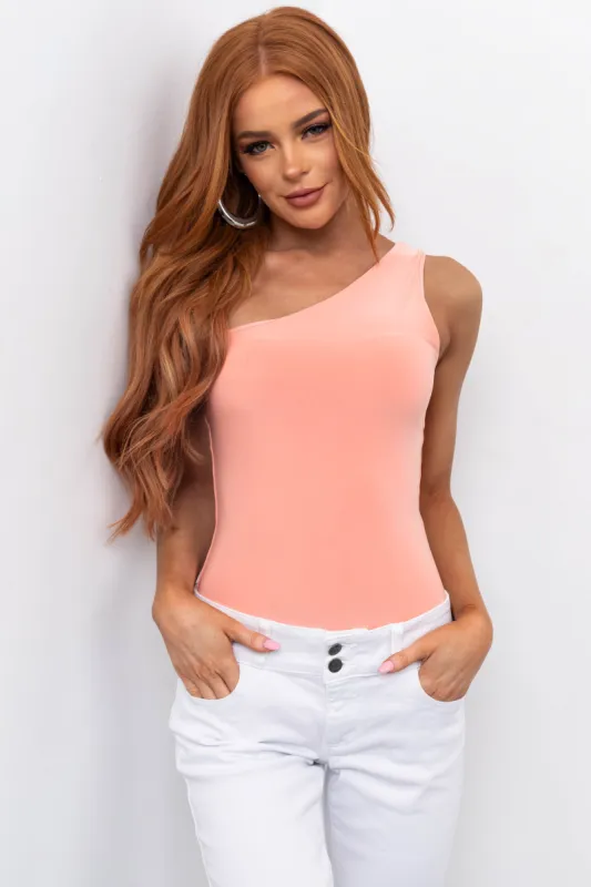 Peach One Shoulder Stretchy Knit Bodysuit sold by Lime Lush