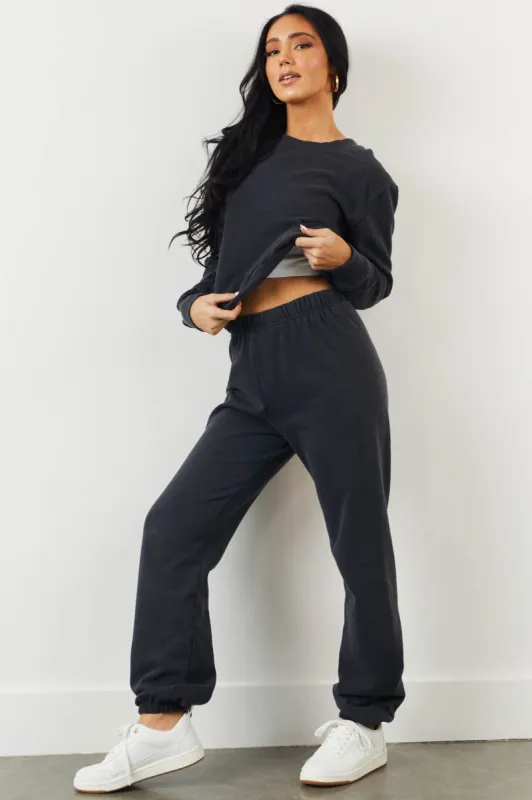 Washed Black Fleece Lined Solid Cotton Sweatpants sold by Lime Lush