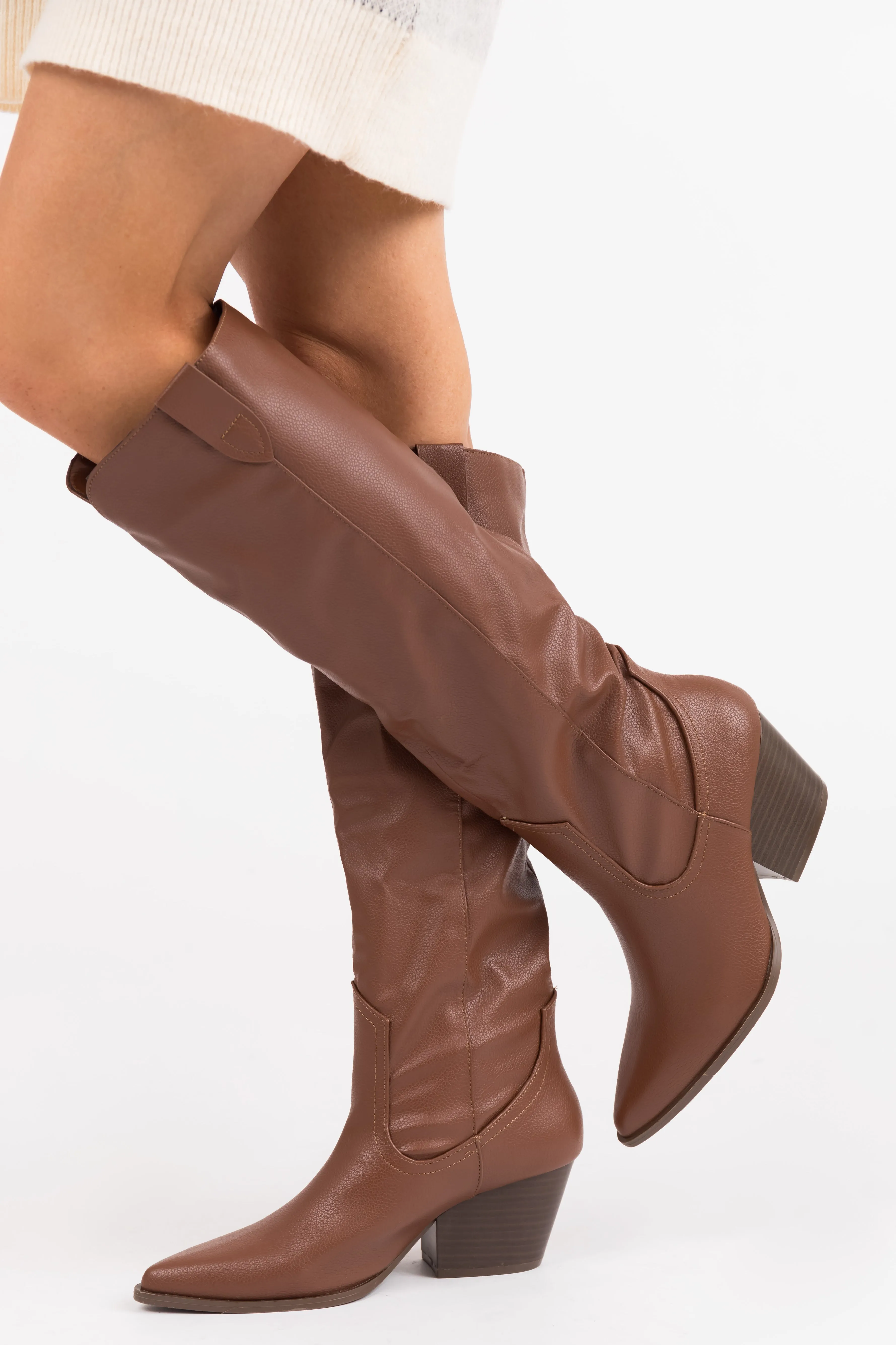 Chestnut Pleather Knee High Western Boots sold by Lime Lush product image thumbnail 3