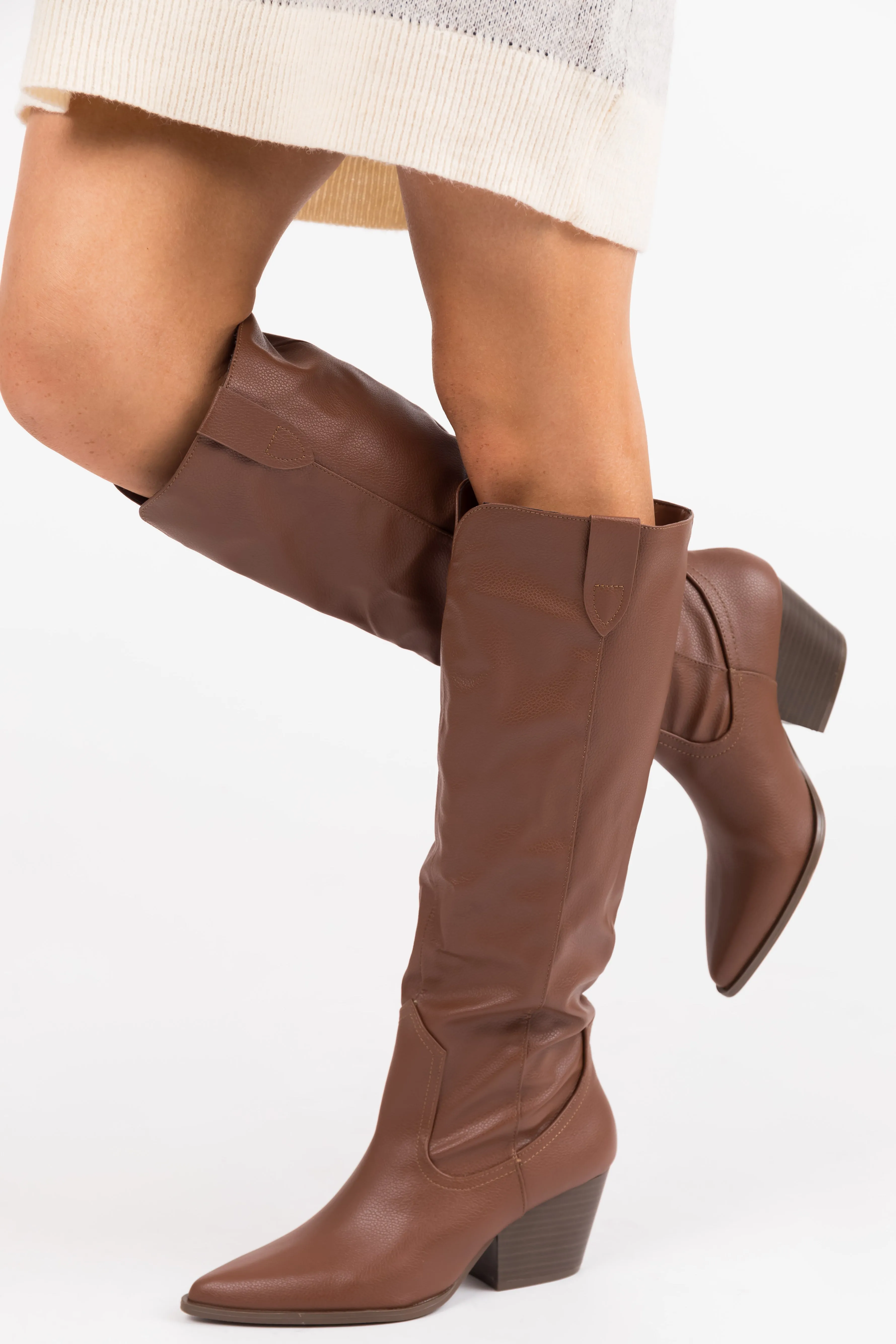 Chestnut Pleather Knee High Western Boots sold by Lime Lush product image thumbnail 2