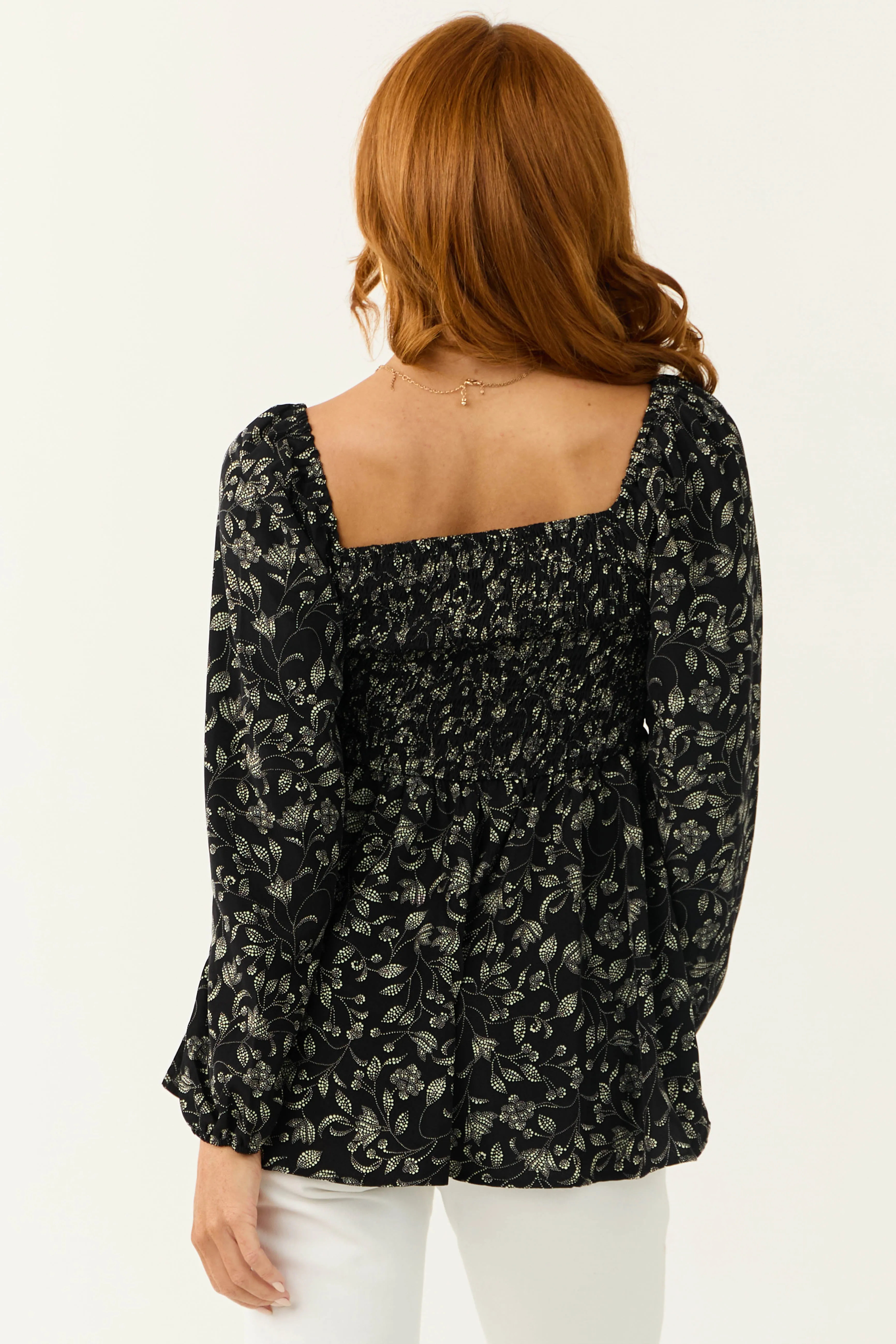 Black and Cream Floral Front Tie Smocked Top sold by Lime Lush product image thumbnail 5