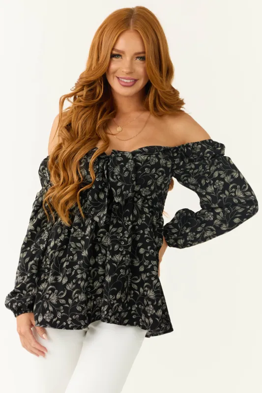 Black and Cream Floral Front Tie Smocked Top sold by Lime Lush