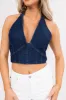 Dark Denim Deep V Halter Neck Crop Top sold by Lime Lush