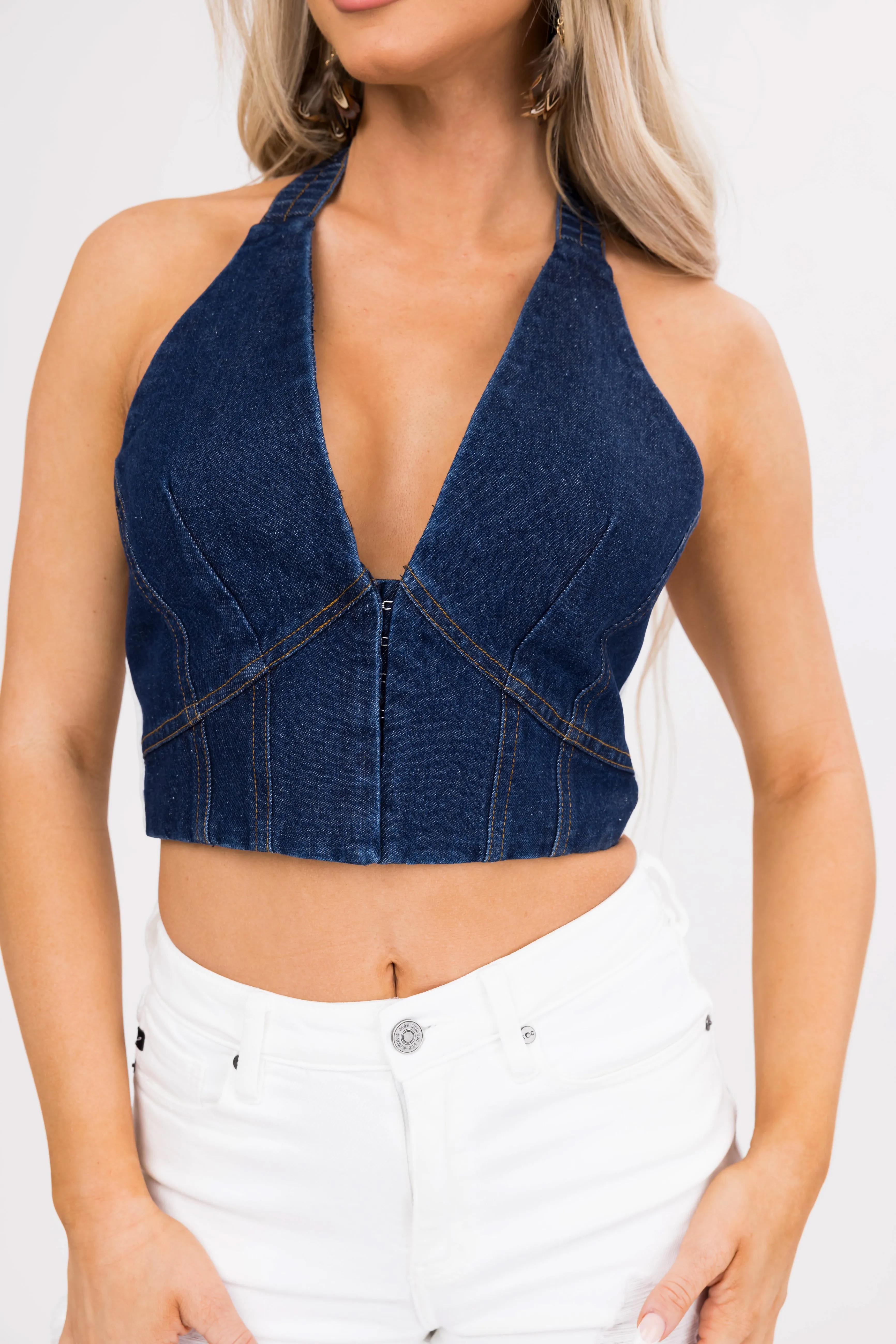 Dark Denim Deep V Halter Neck Crop Top sold by Lime Lush product image thumbnail 5