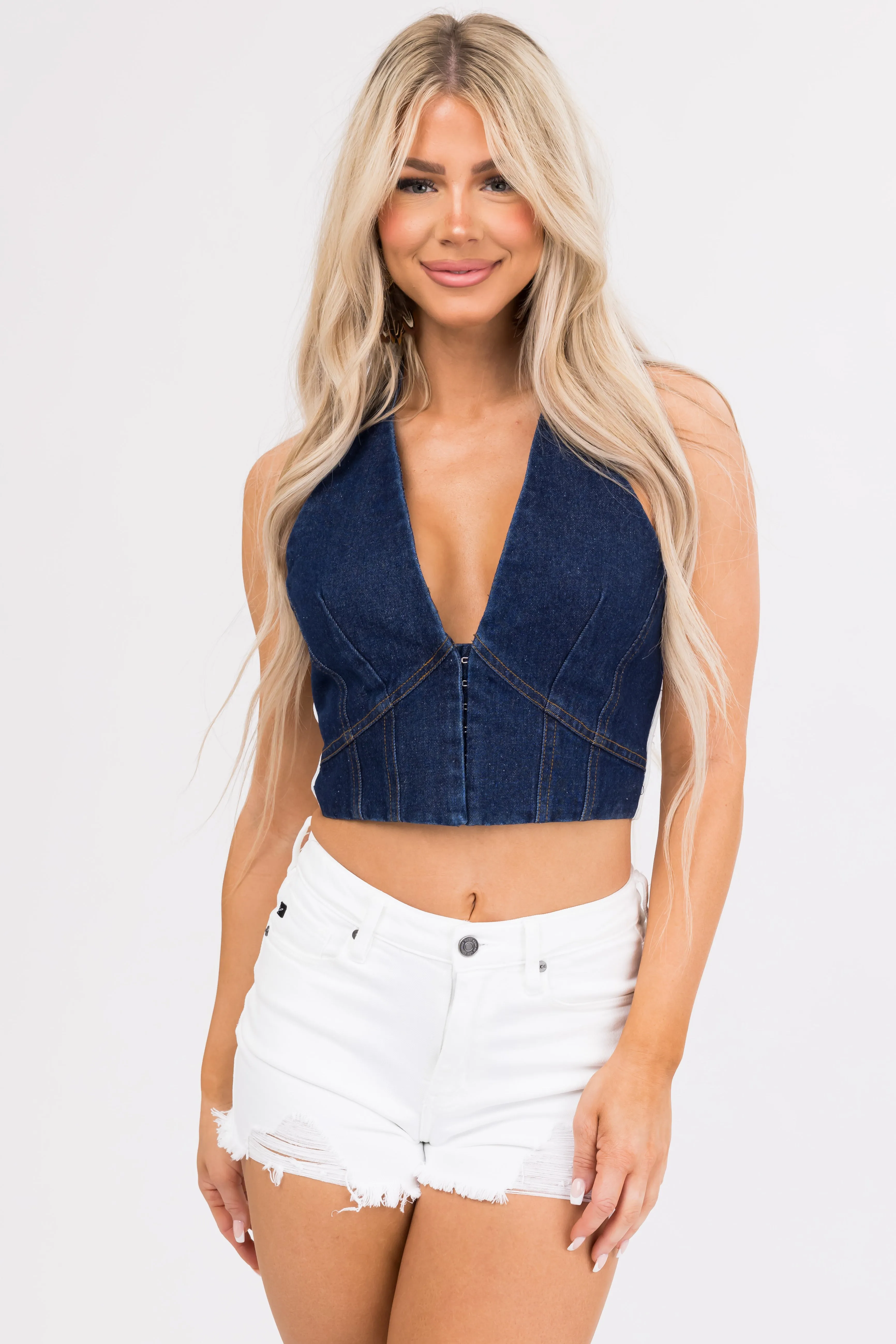 Dark Denim Deep V Halter Neck Crop Top sold by Lime Lush