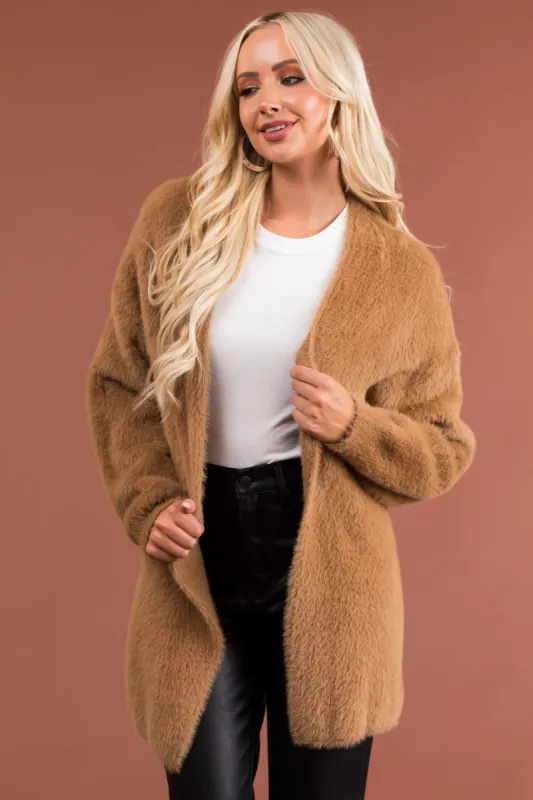 Brown Sugar Faux Fur Open Knit Cardigan sold by Lime Lush