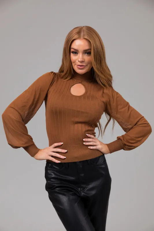 Cognac Mock Keyhole Neck Illusion Sleeve Top sold by Lime Lush