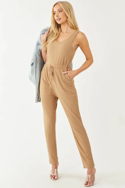 Latte Sleeveless Scoop Neck Ribbed Knit Jumpsuit sold by Lime Lush