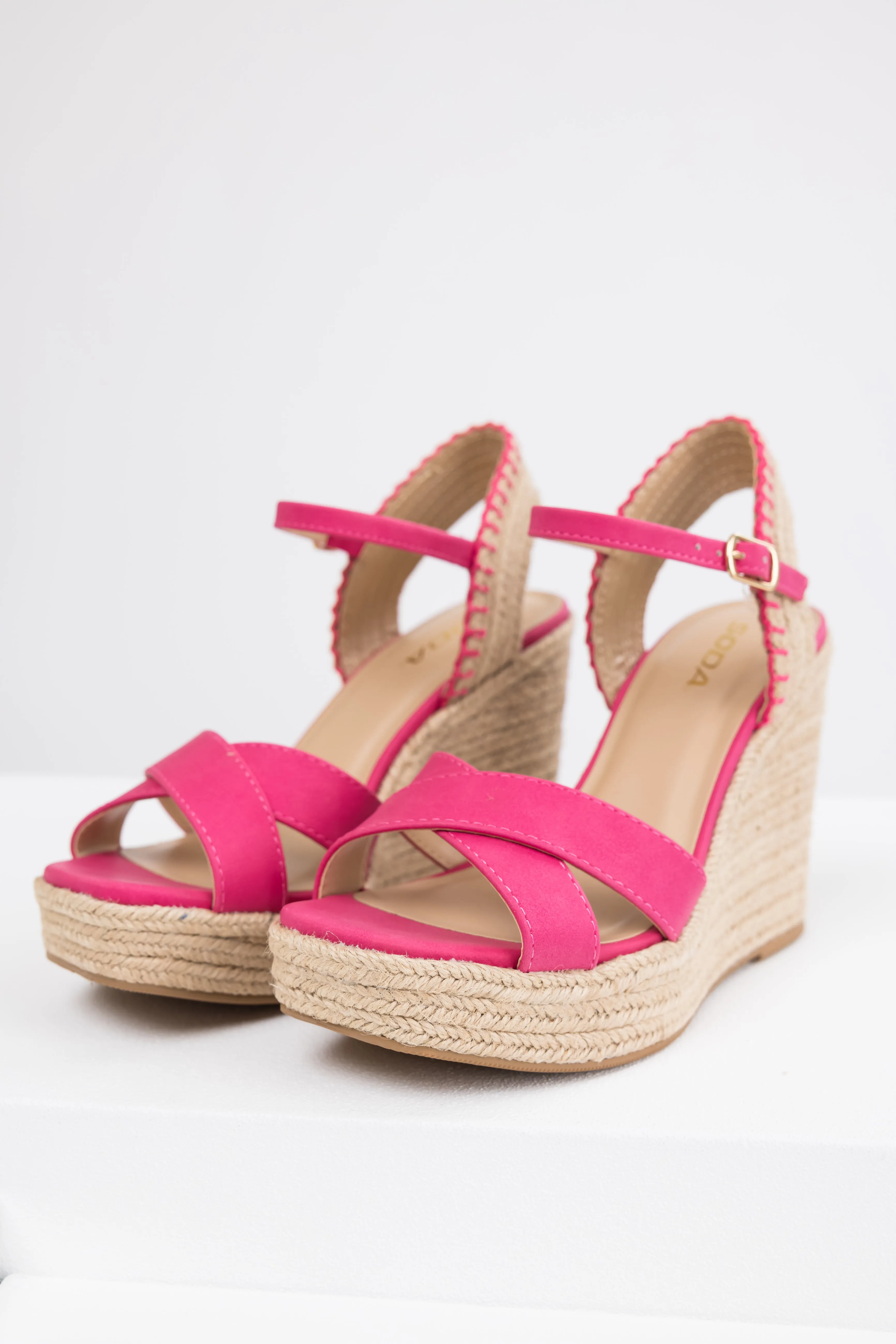 Hot Pink Cross Strap Platform Espadrille Wedges sold by Lime Lush