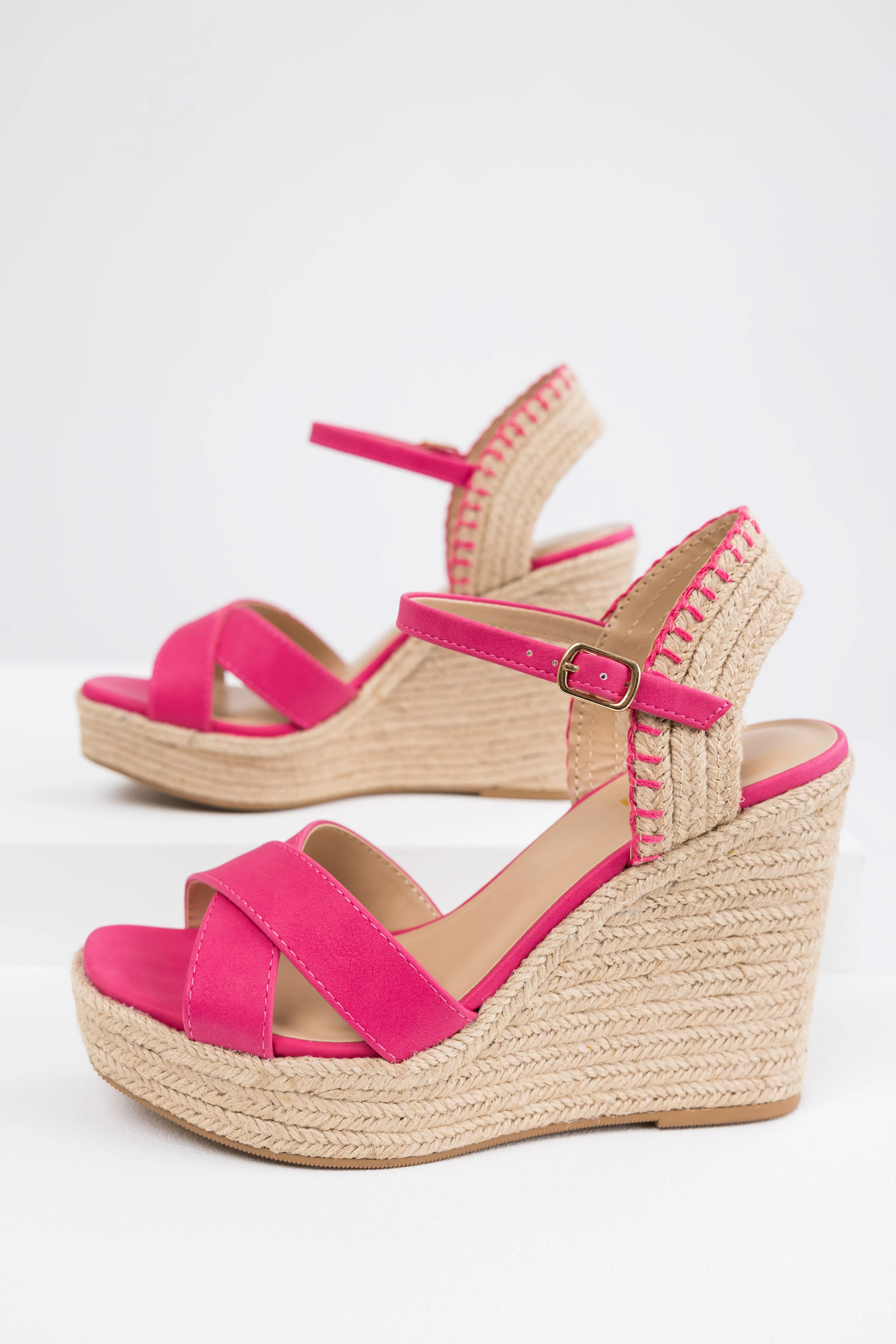 Hot Pink Cross Strap Platform Espadrille Wedges sold by Lime Lush product image thumbnail 3