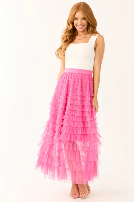 Magenta Ruffle Tulle Elastic Maxi Skirt sold by Lime Lush