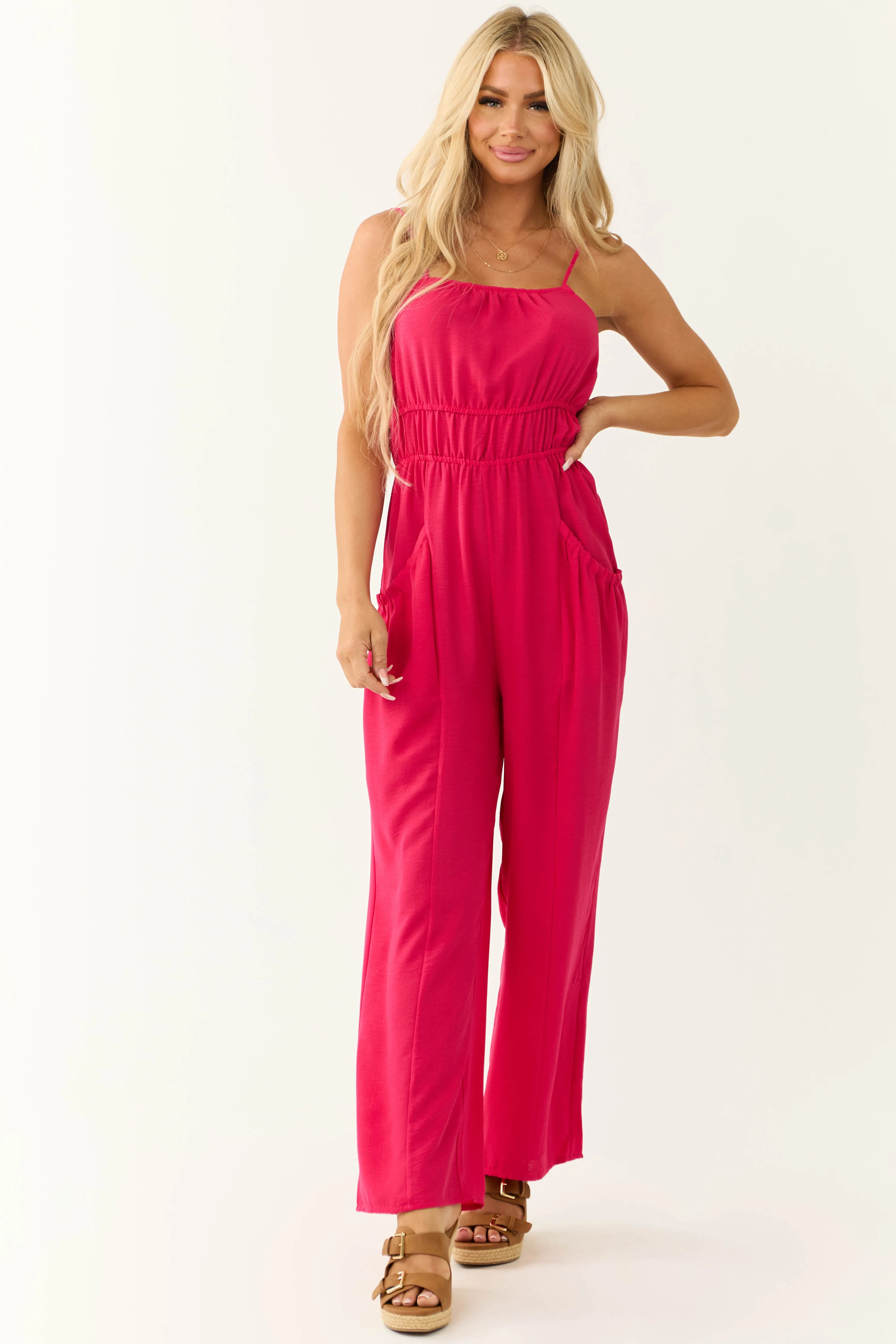 Raspberry Front Pintuck Sleeveless Jumpsuit sold by Lime Lush product image thumbnail 3