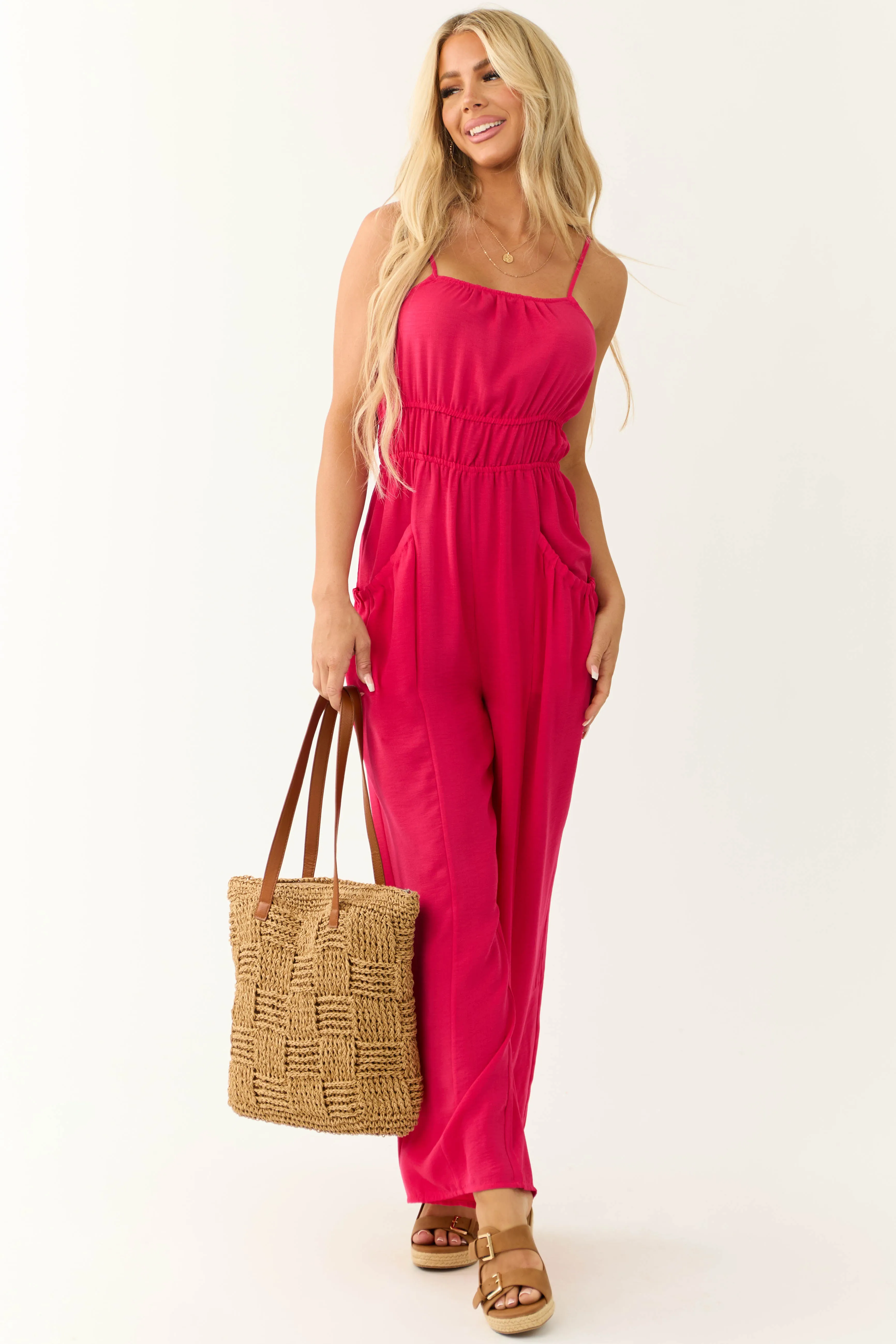 Raspberry Front Pintuck Sleeveless Jumpsuit sold by Lime Lush product image thumbnail 5