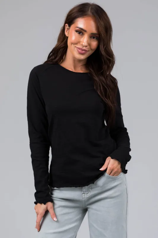 Heathered Black Lettuce Trim Long Sleeve Top sold by Lime Lush