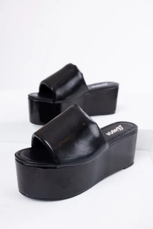 Black Faux Leather Puffy Band Platform Sandal sold by Lime Lush