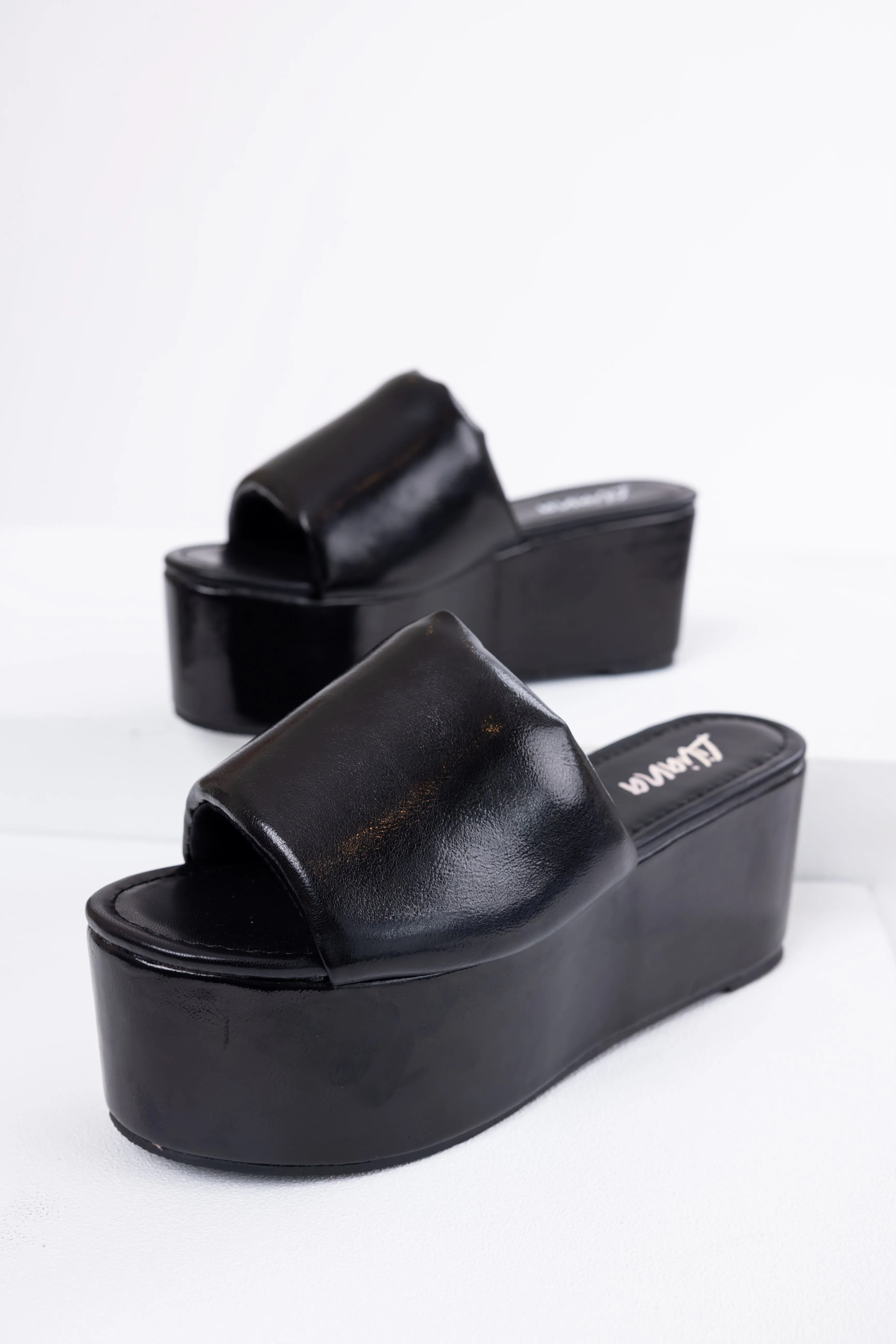 Black Faux Leather Puffy Band Platform Sandal sold by Lime Lush
