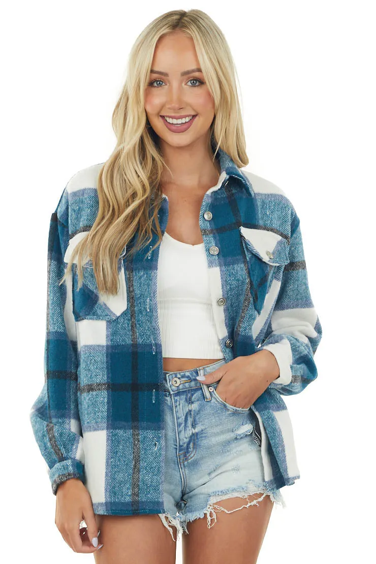 Sea Blue Plaid Chest Pocket Soft Shacket sold by Lime Lush