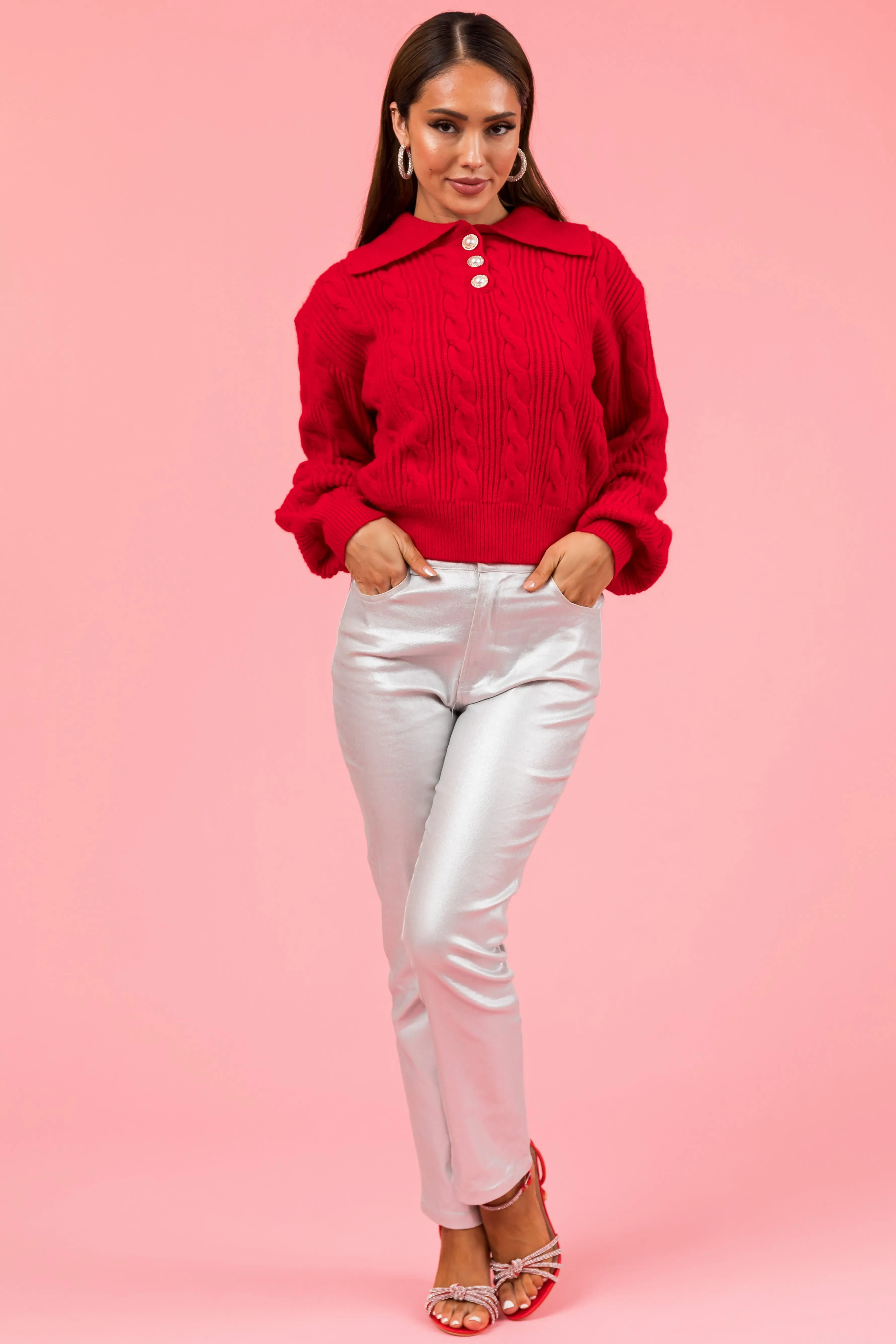 Pomegranate Button Up Pullover Cable Knit Sweater sold by Lime Lush product image thumbnail 3