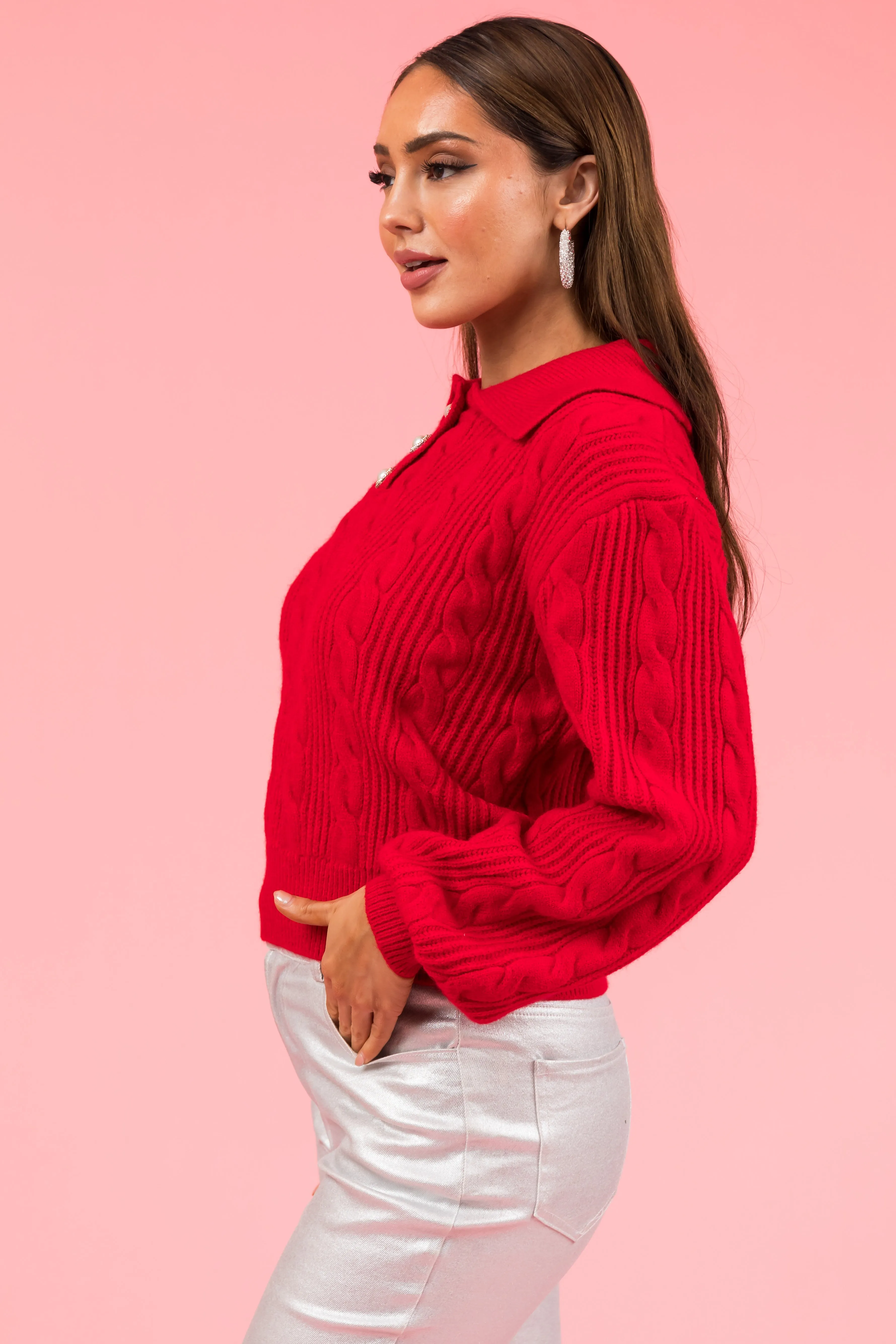 Pomegranate Button Up Pullover Cable Knit Sweater sold by Lime Lush product image thumbnail 5
