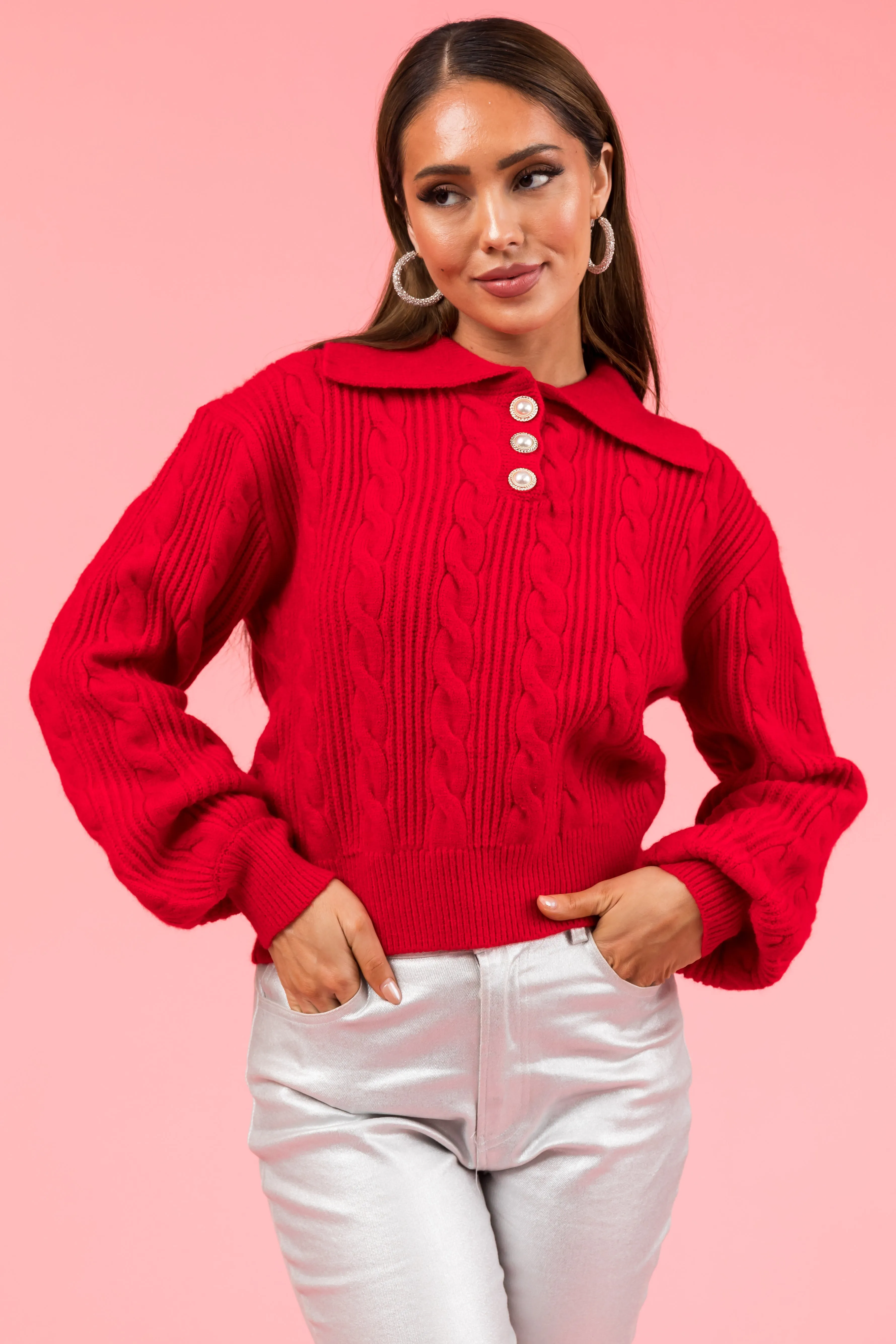 Pomegranate Button Up Pullover Cable Knit Sweater sold by Lime Lush