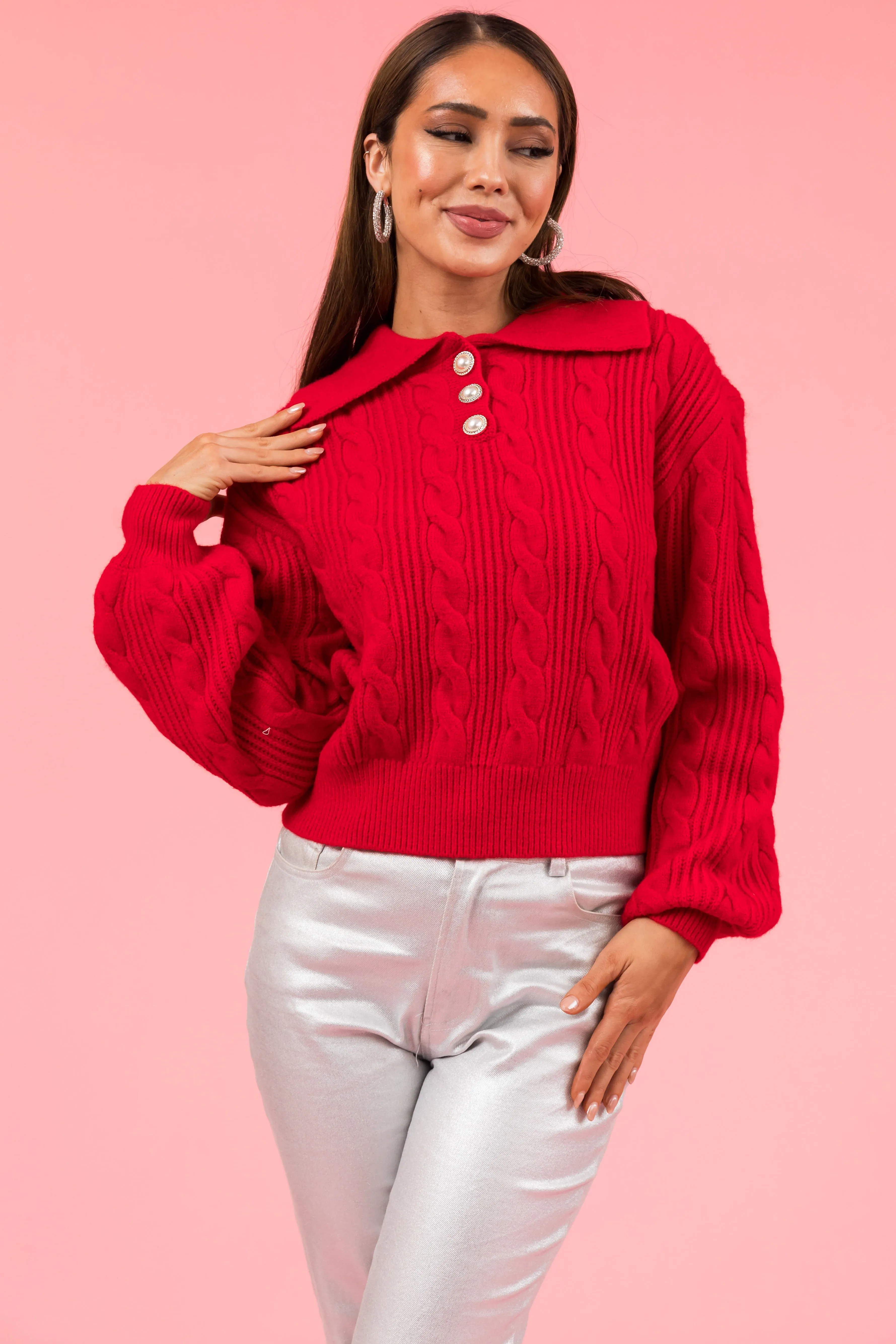 Pomegranate Button Up Pullover Cable Knit Sweater sold by Lime Lush product image thumbnail 2