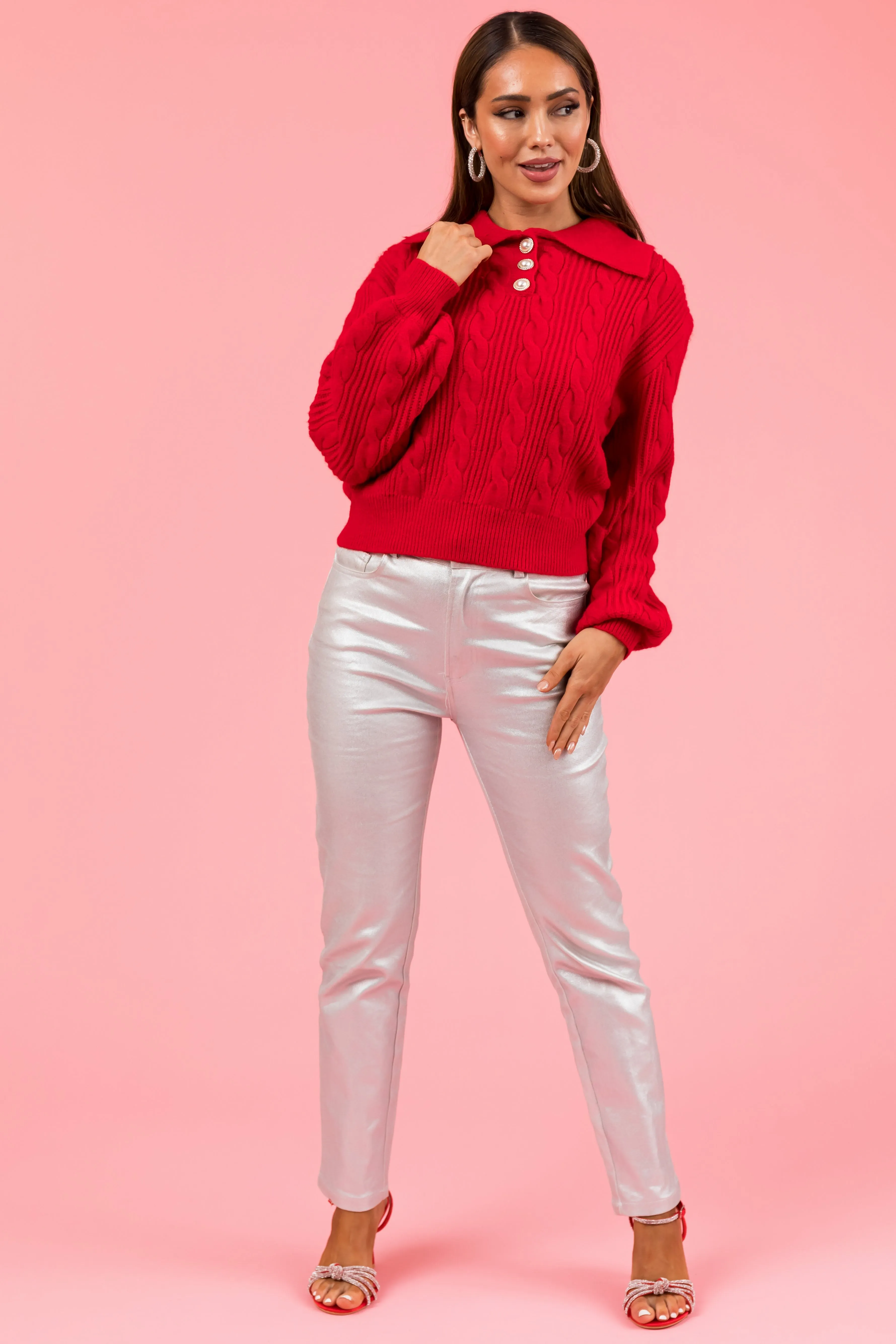 Pomegranate Button Up Pullover Cable Knit Sweater sold by Lime Lush product image thumbnail 4