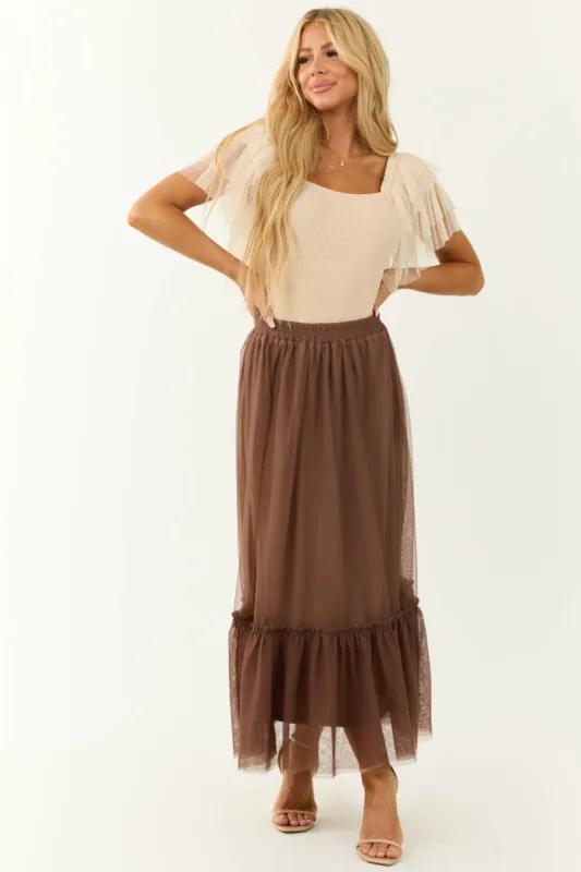 Coffee Tulle Ruffle Hem Maxi Skirt sold by Lime Lush