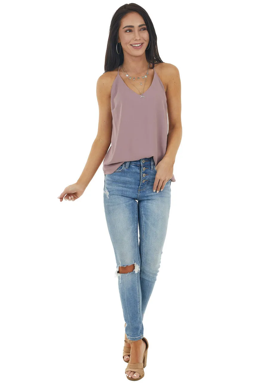 Misty Mauve Sleeveless Woven Tank Top with Spaghetti Straps sold by Lime Lush product image thumbnail 3