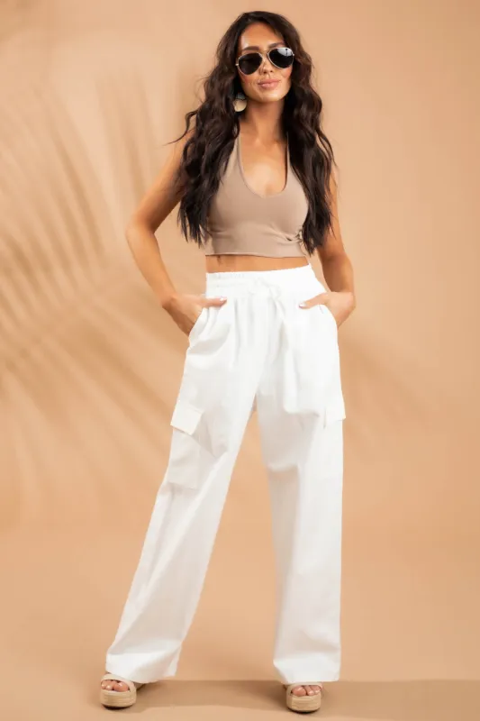She+Sky Off White Elastic Waist Wide Leg Cargo Pants sold by Lime Lush