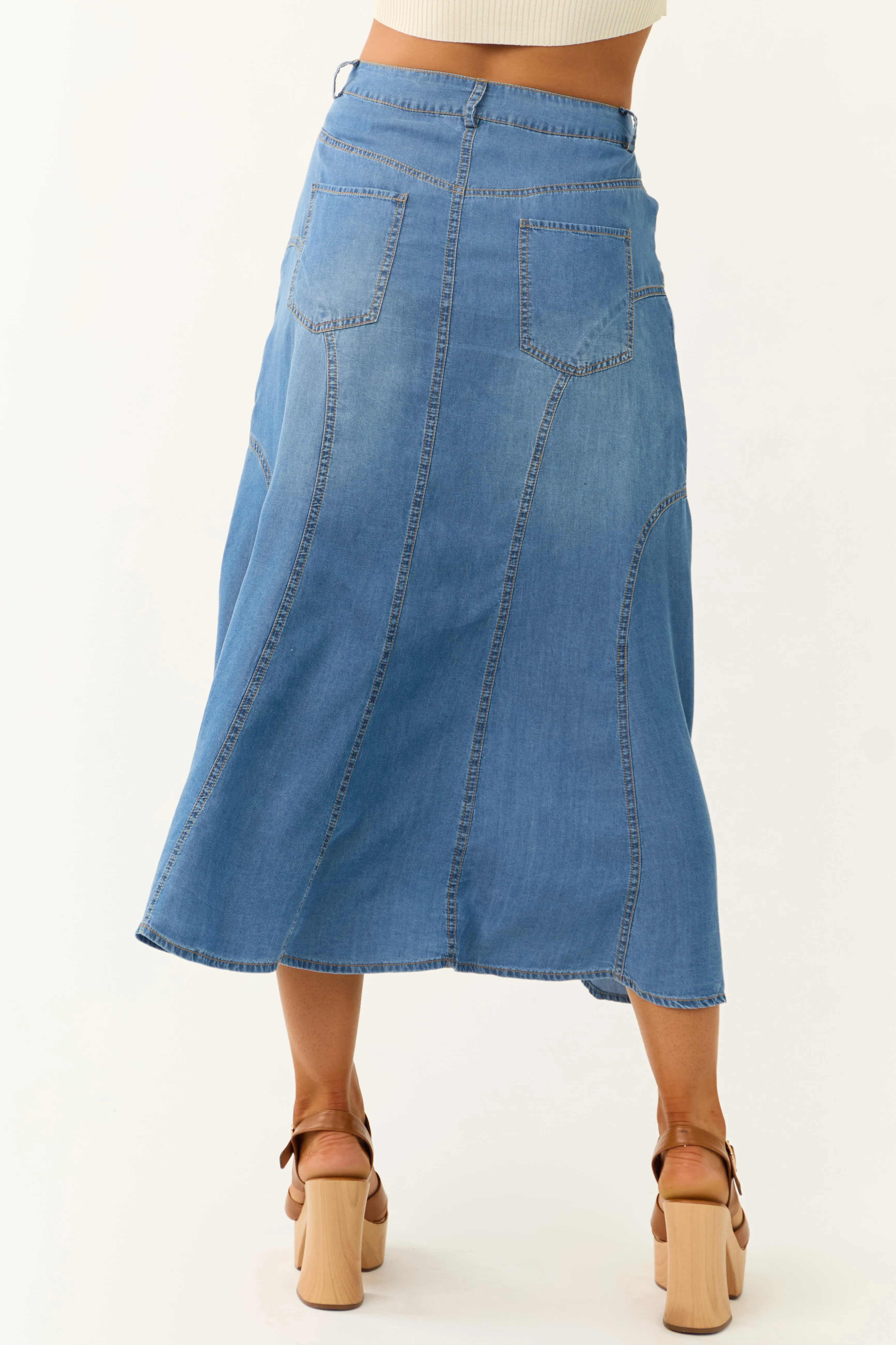 Medium Wash Denim Floral Embroidered Maxi Skirt sold by Lime Lush product image thumbnail 4