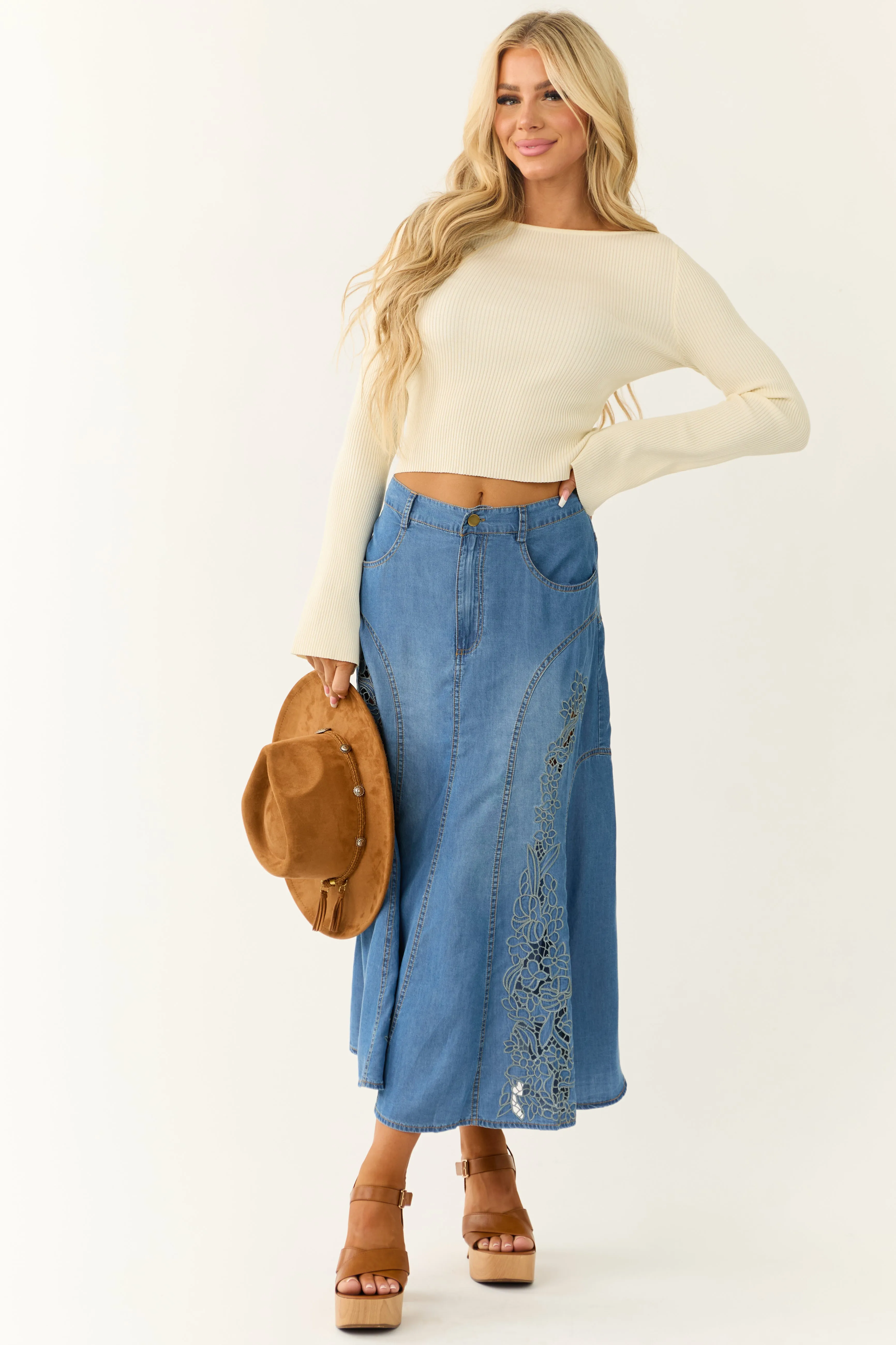 Medium Wash Denim Floral Embroidered Maxi Skirt sold by Lime Lush product image thumbnail 5