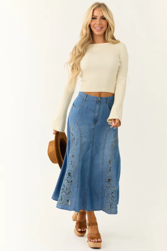 Medium Wash Denim Floral Embroidered Maxi Skirt sold by Lime Lush
