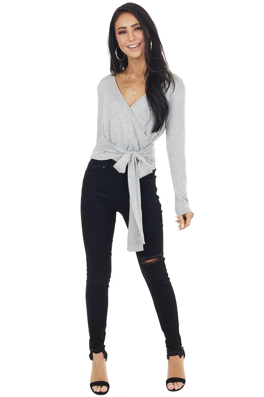 Heathered Grey V Neck Long Sleeve Surplice Top with Wrap sold by Lime Lush product image thumbnail 4