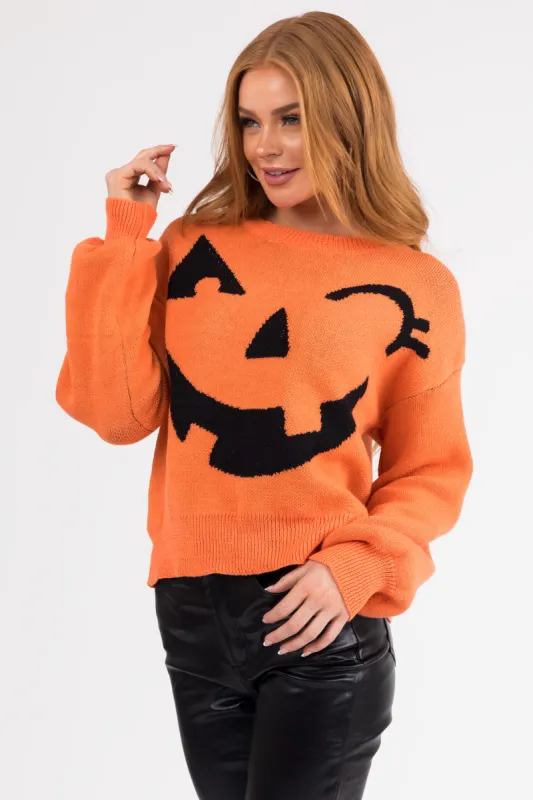 Pumpkin and Black Graphic Long Sleeve Sweater sold by Lime Lush