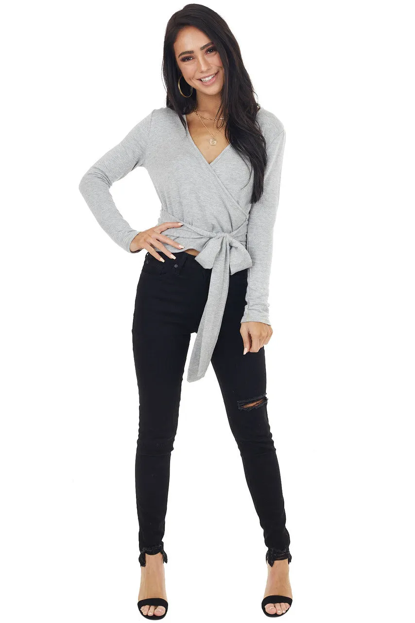 Heathered Grey V Neck Long Sleeve Surplice Top with Wrap sold by Lime Lush product image thumbnail 2