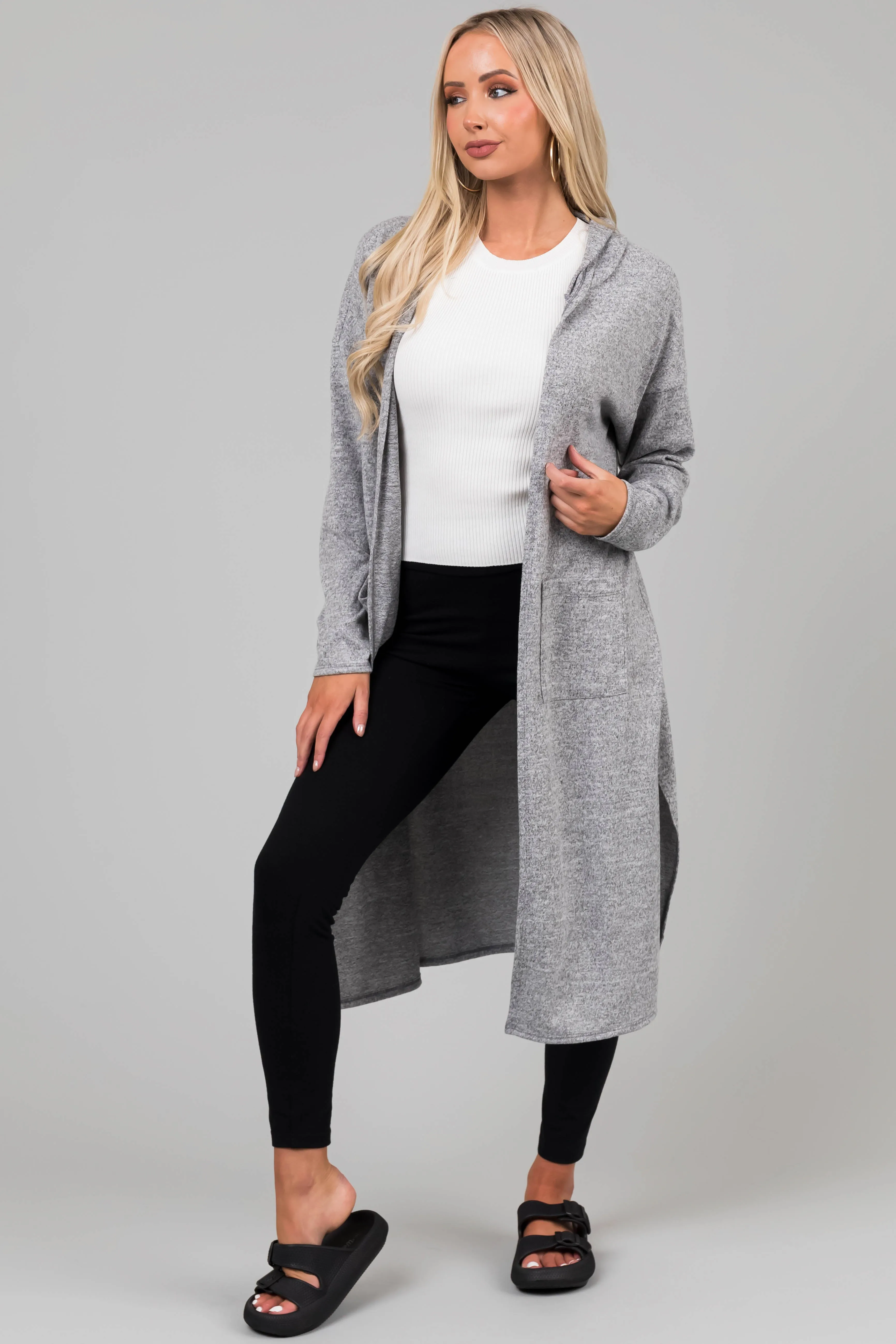 Heather Grey Long Sleeve Hooded Duster Cardigan sold by Lime Lush