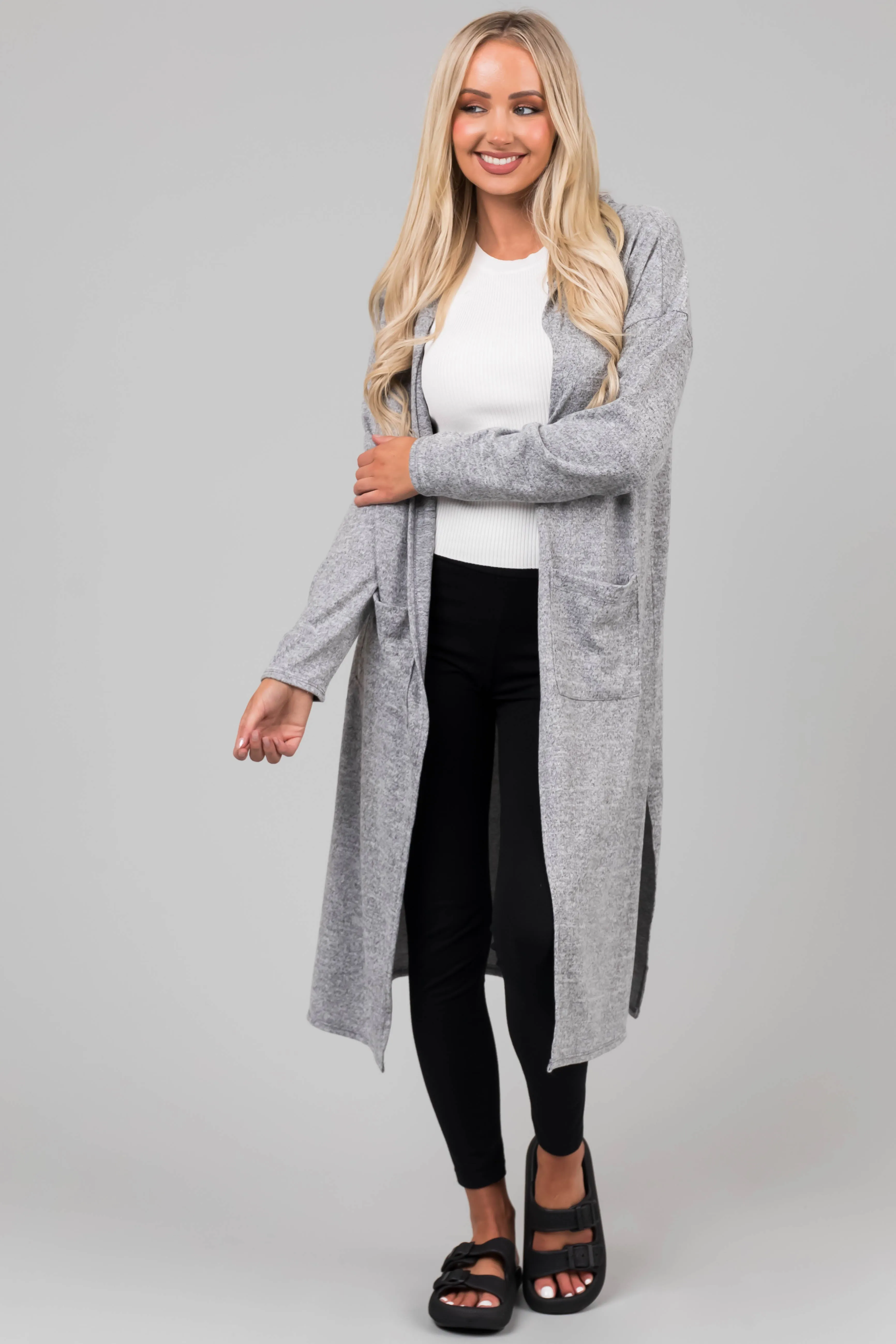 Heather Grey Long Sleeve Hooded Duster Cardigan sold by Lime Lush product image thumbnail 2