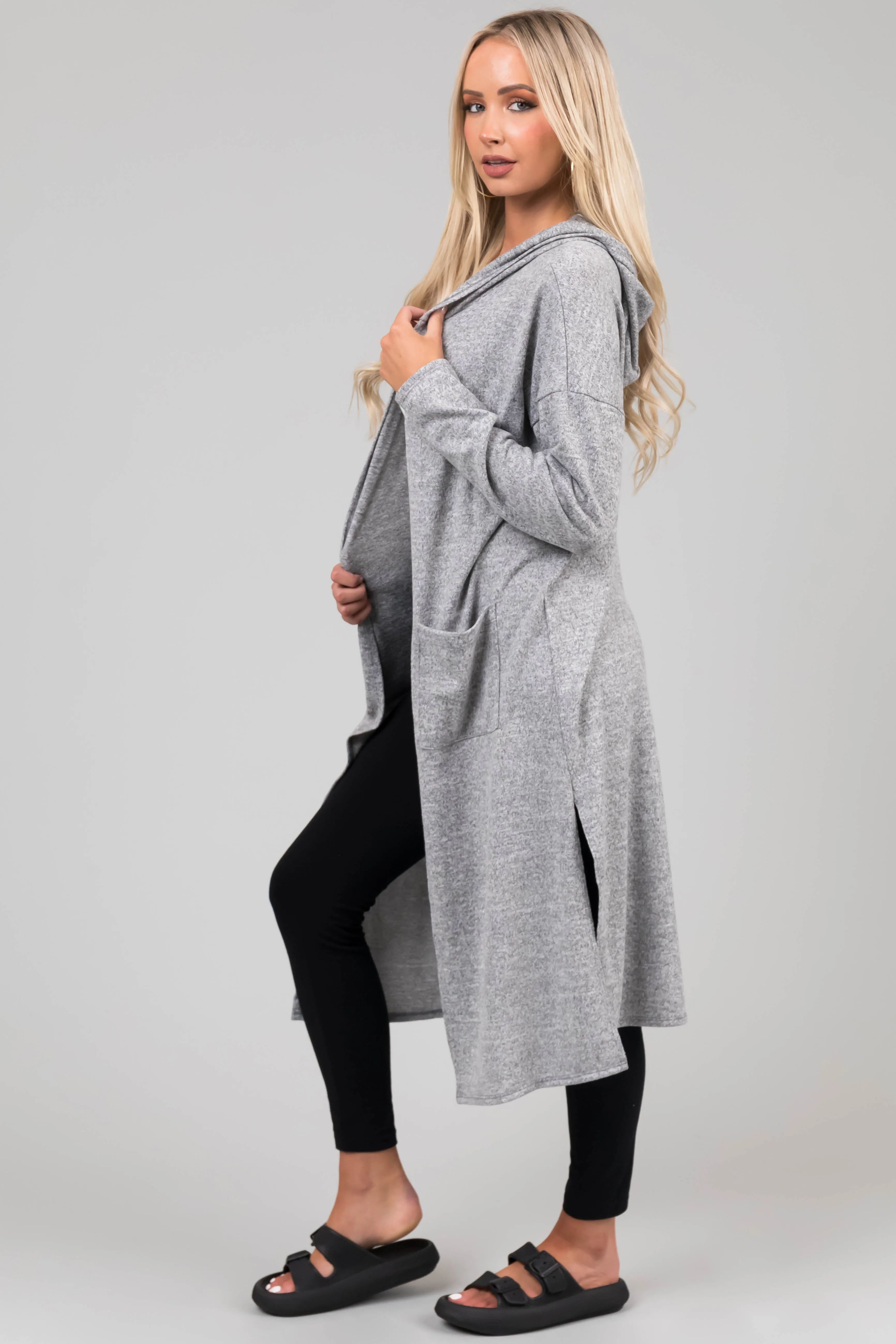 Heather Grey Long Sleeve Hooded Duster Cardigan sold by Lime Lush product image thumbnail 3