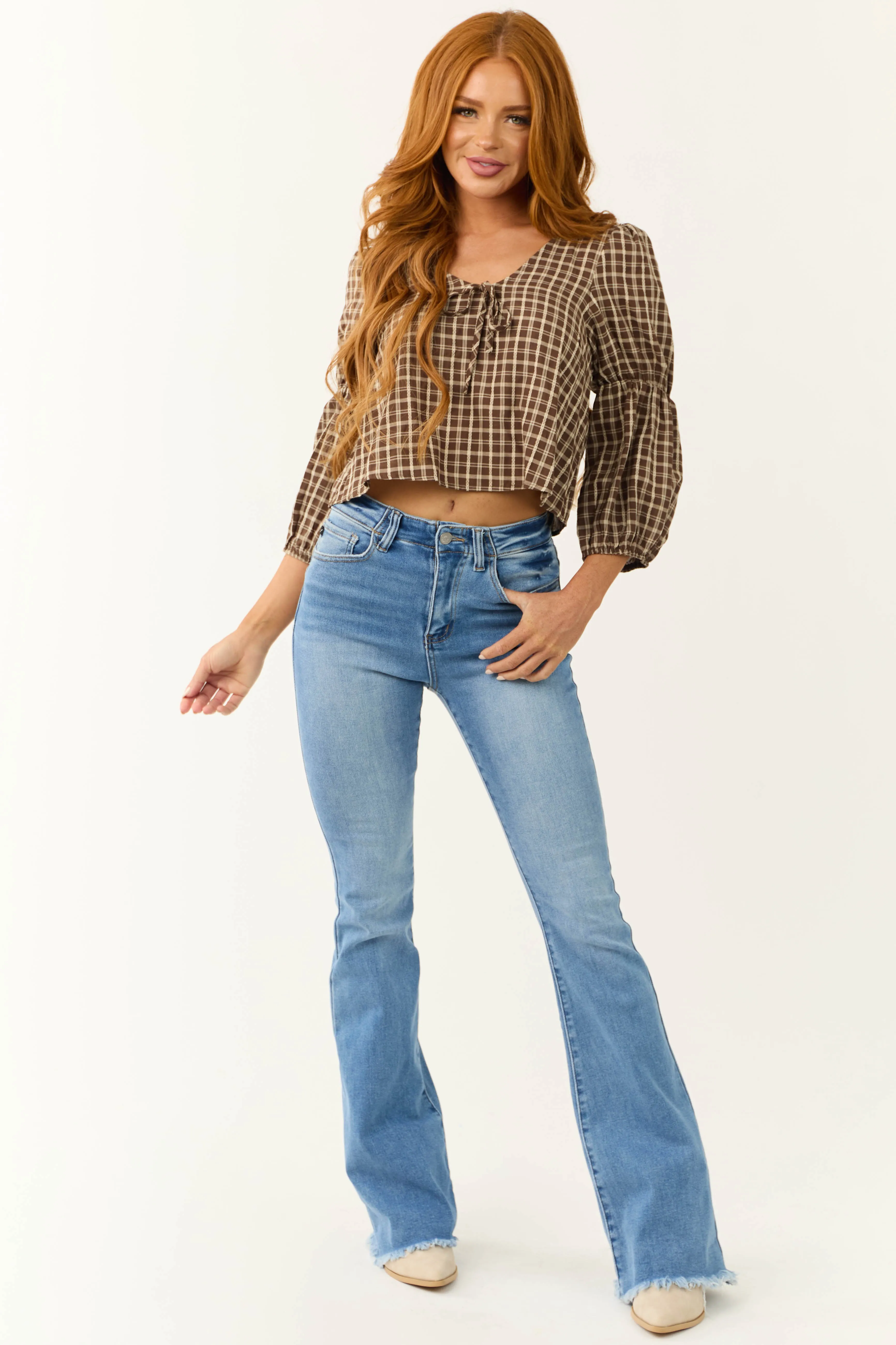 Walnut Plaid 3/4 Cinch Sleeve Top sold by Lime Lush product image thumbnail 2