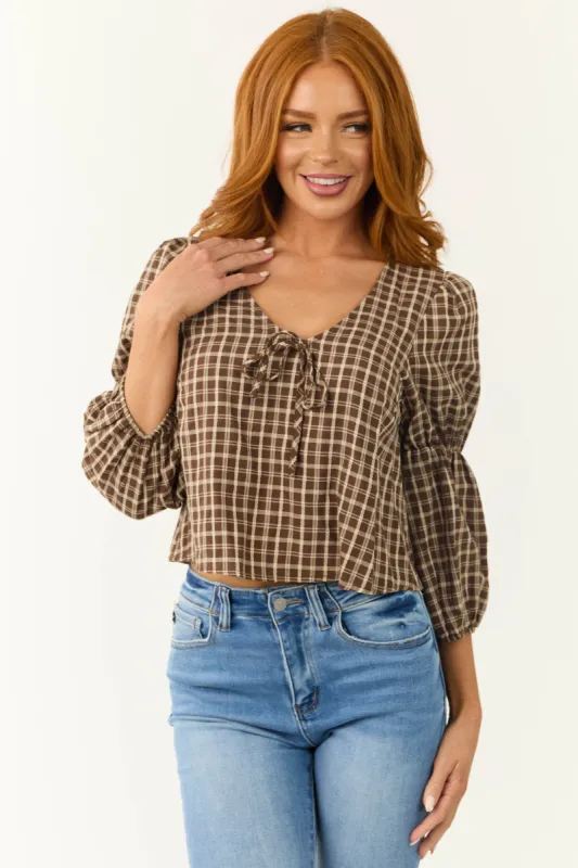 Walnut Plaid 3/4 Cinch Sleeve Top sold by Lime Lush