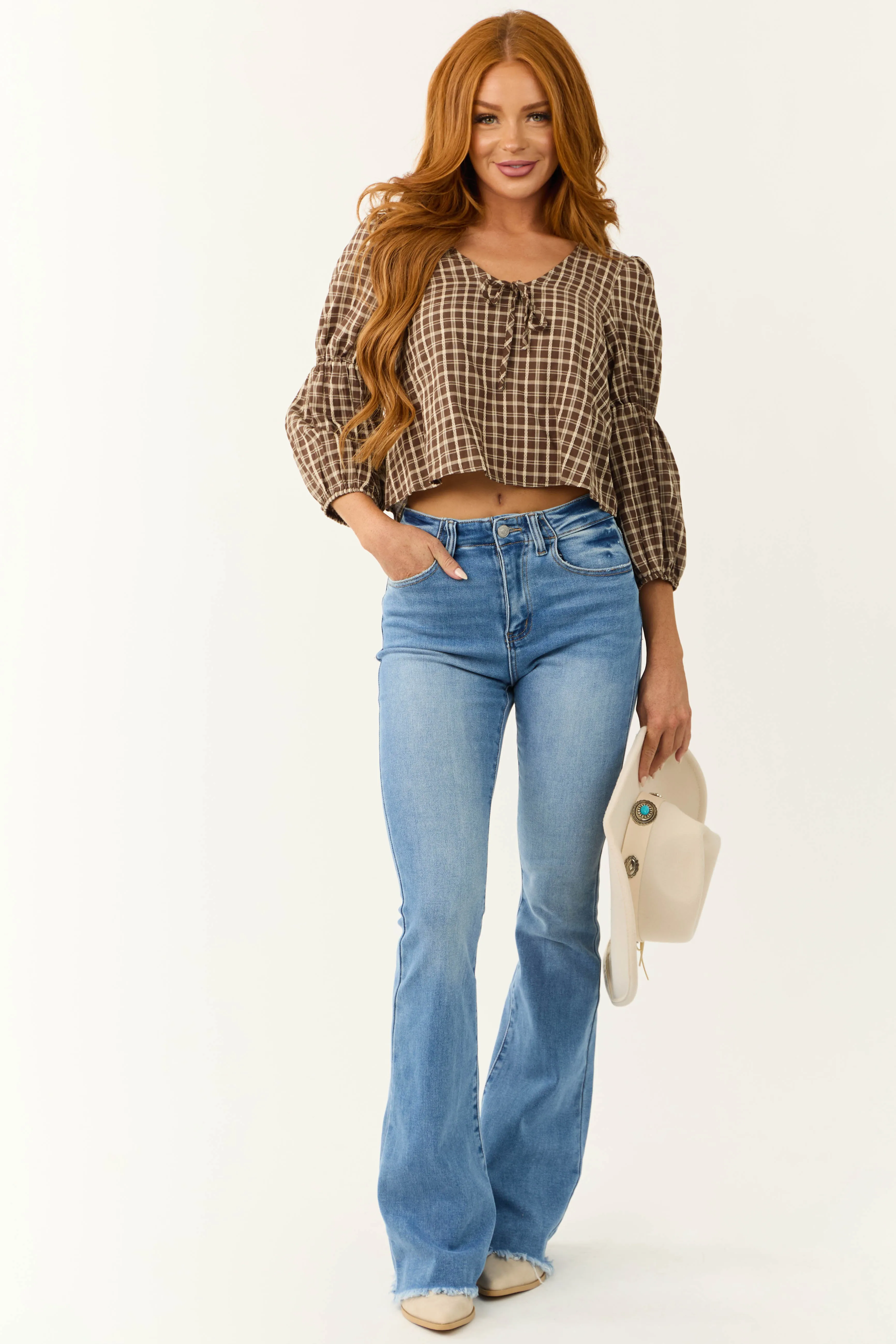 Walnut Plaid 3/4 Cinch Sleeve Top sold by Lime Lush product image thumbnail 3