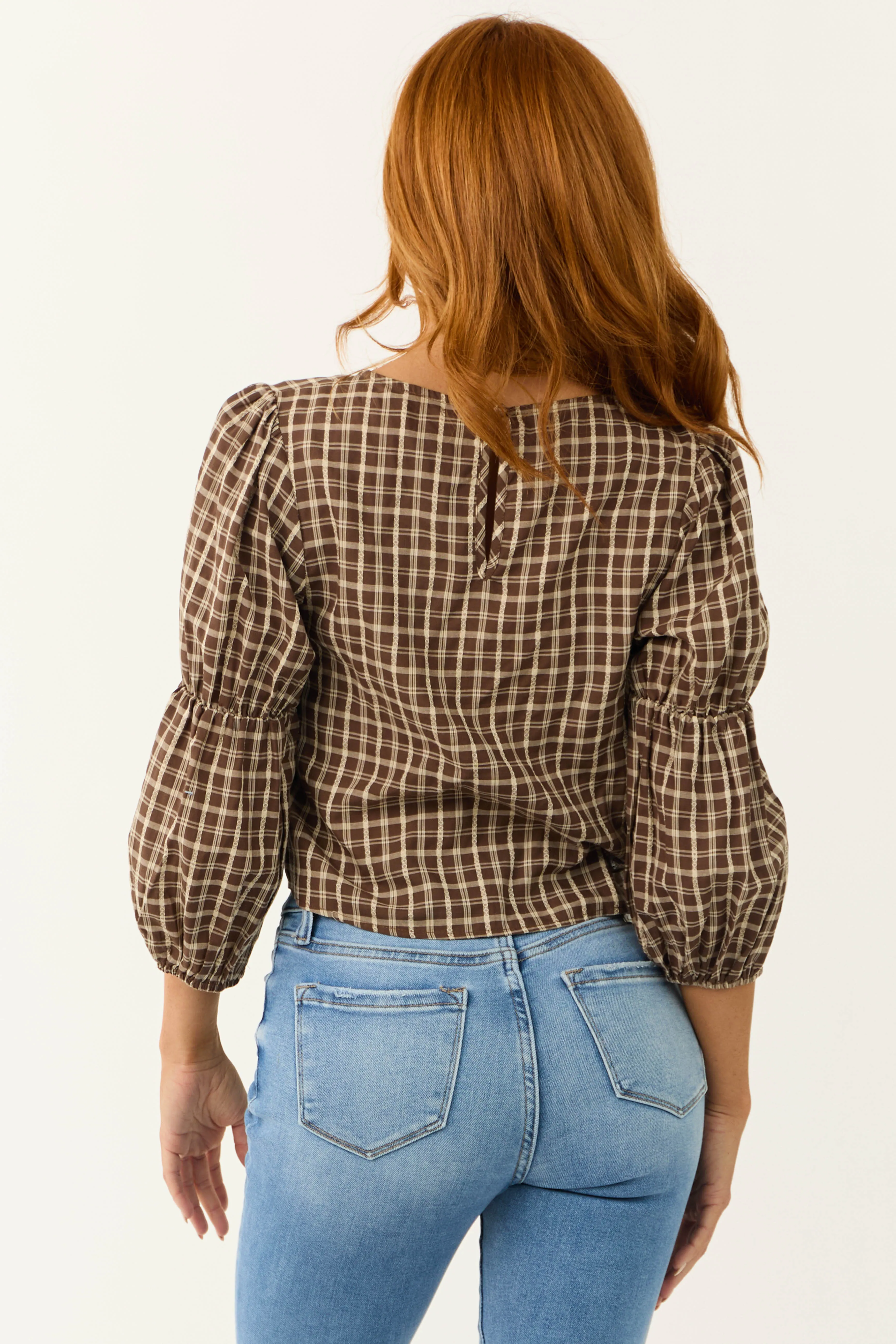 Walnut Plaid 3/4 Cinch Sleeve Top sold by Lime Lush product image thumbnail 5