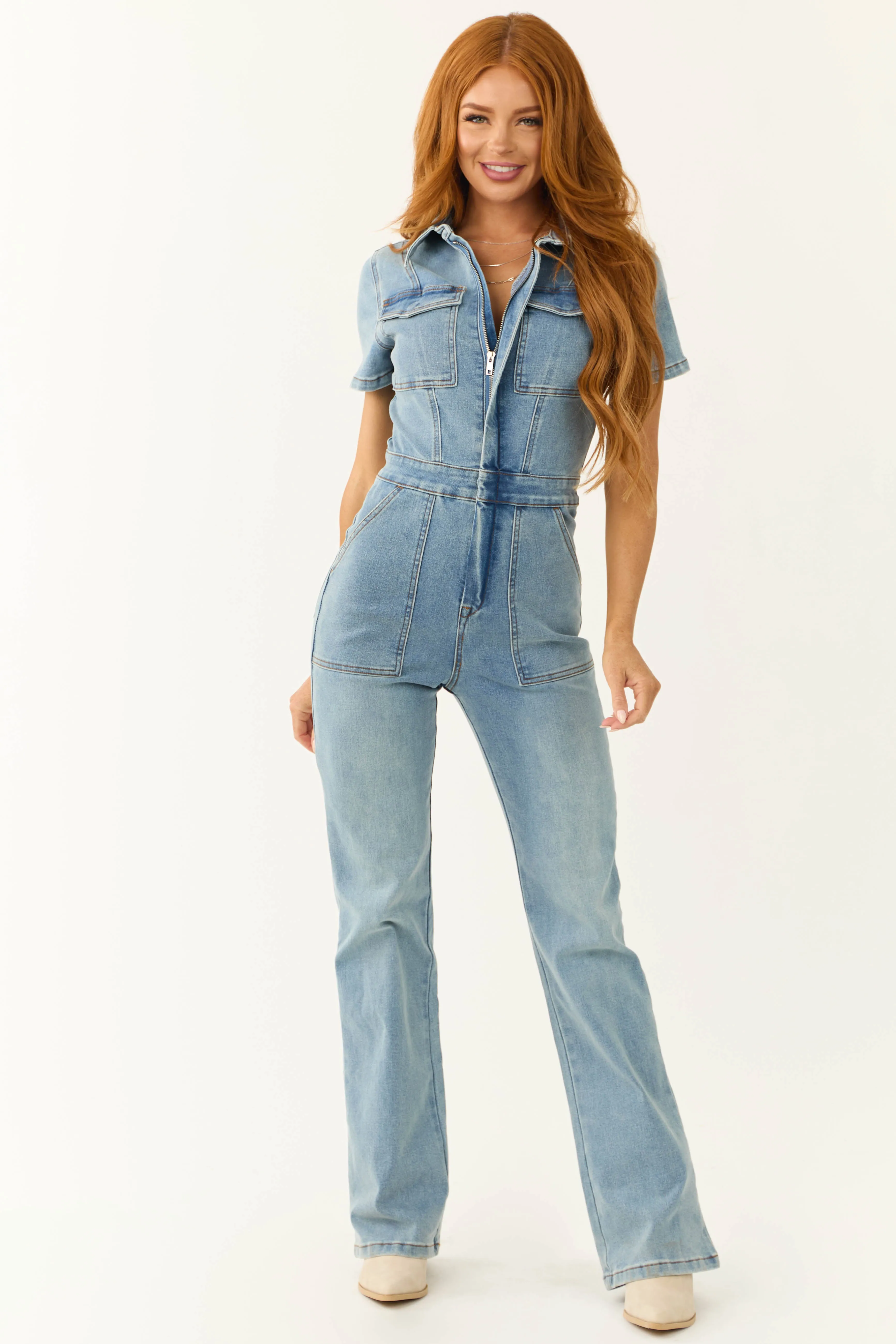 Medium Wash Denim Zip Up Short Sleeve Jumpsuit sold by Lime Lush product image thumbnail 3